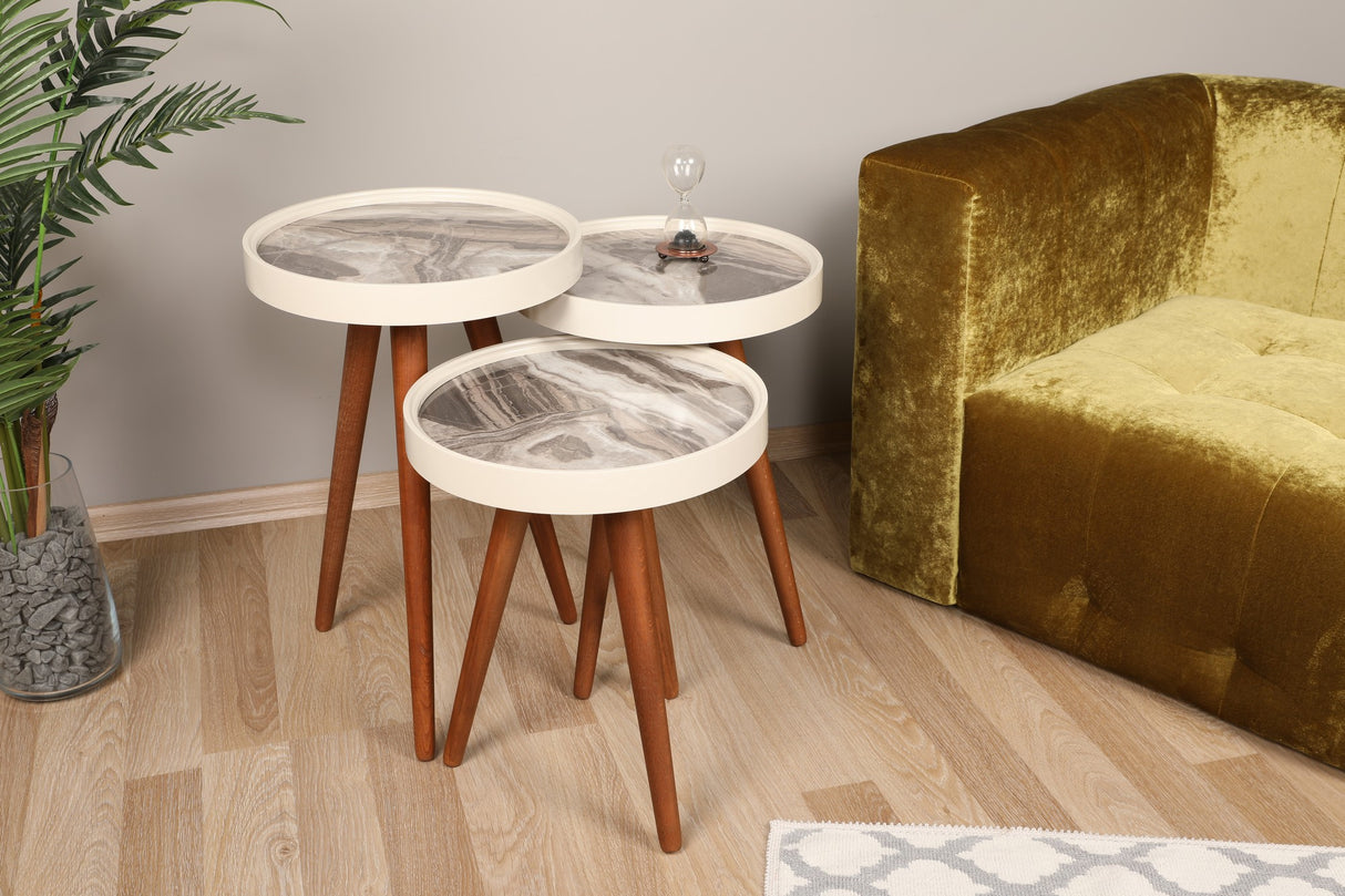 Set 3 măsuțe de cafea Neep, Alb - Nuc - Gri, 39x39x48 cm