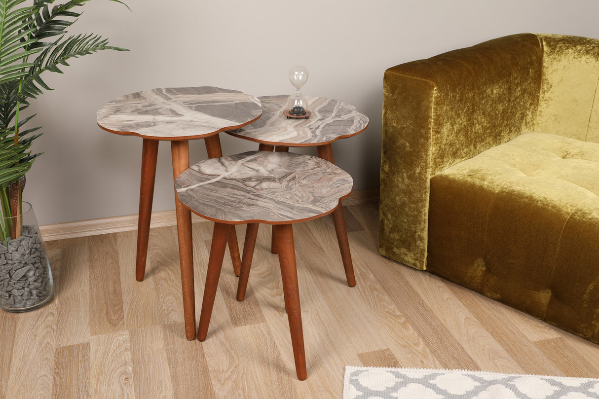 Set 3 măsuțe de cafea Qubec, Gri - Alb - Nuc, 41x39x47 cm