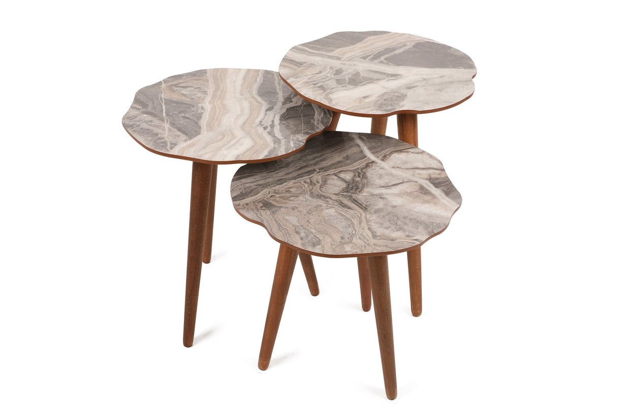 Set 3 măsuțe de cafea Qubec, Gri - Alb - Nuc, 41x39x47 cm