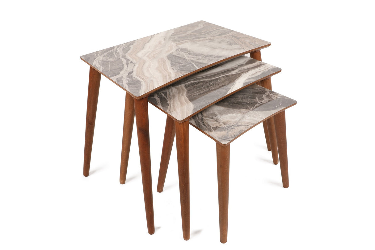 Set 3 măsuțe de cafea Siv, Gri - Alb - Nuc, 43x34x37 cm