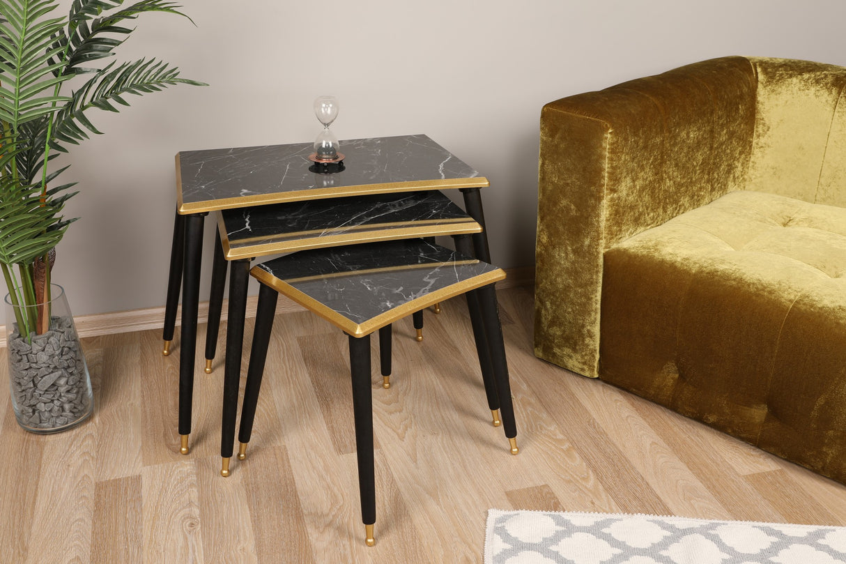 Set 3 măsuțe de cafea Tensio, Negru - Auriu, 43x34x37 cm