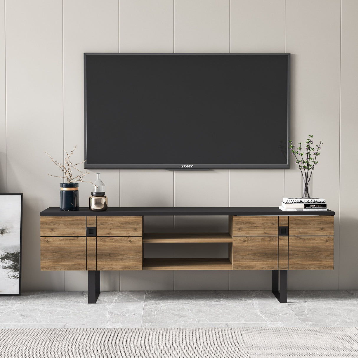 Comodă TV Paulo, Nuc - Negru, 160x35x50 cm