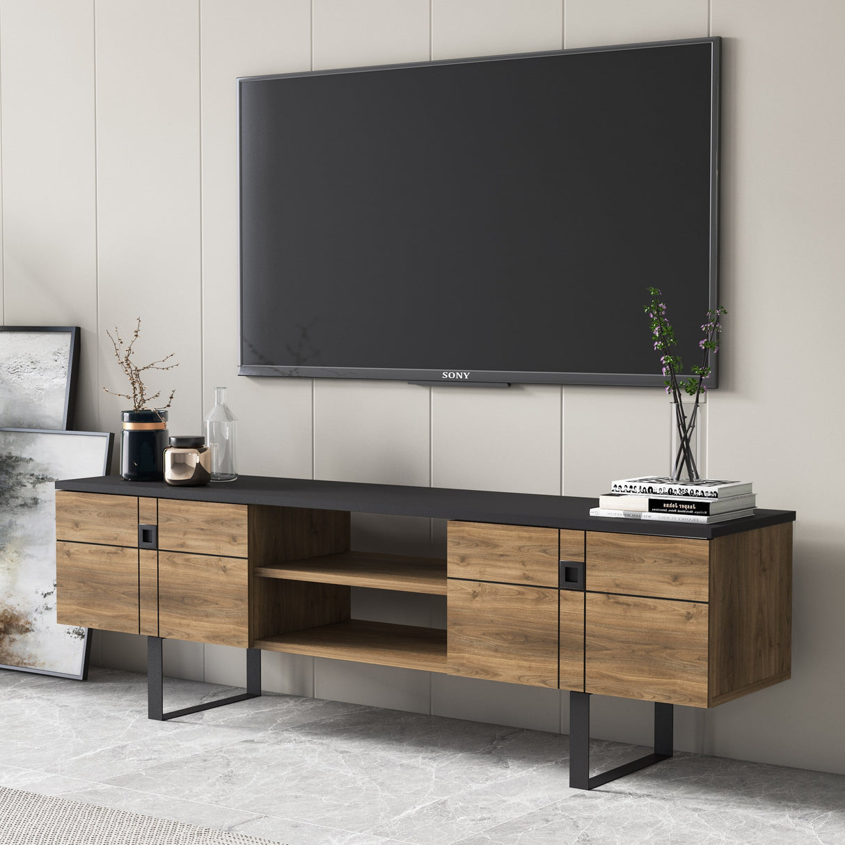 Comodă TV Paulo, Nuc - Negru, 160x35x50 cm