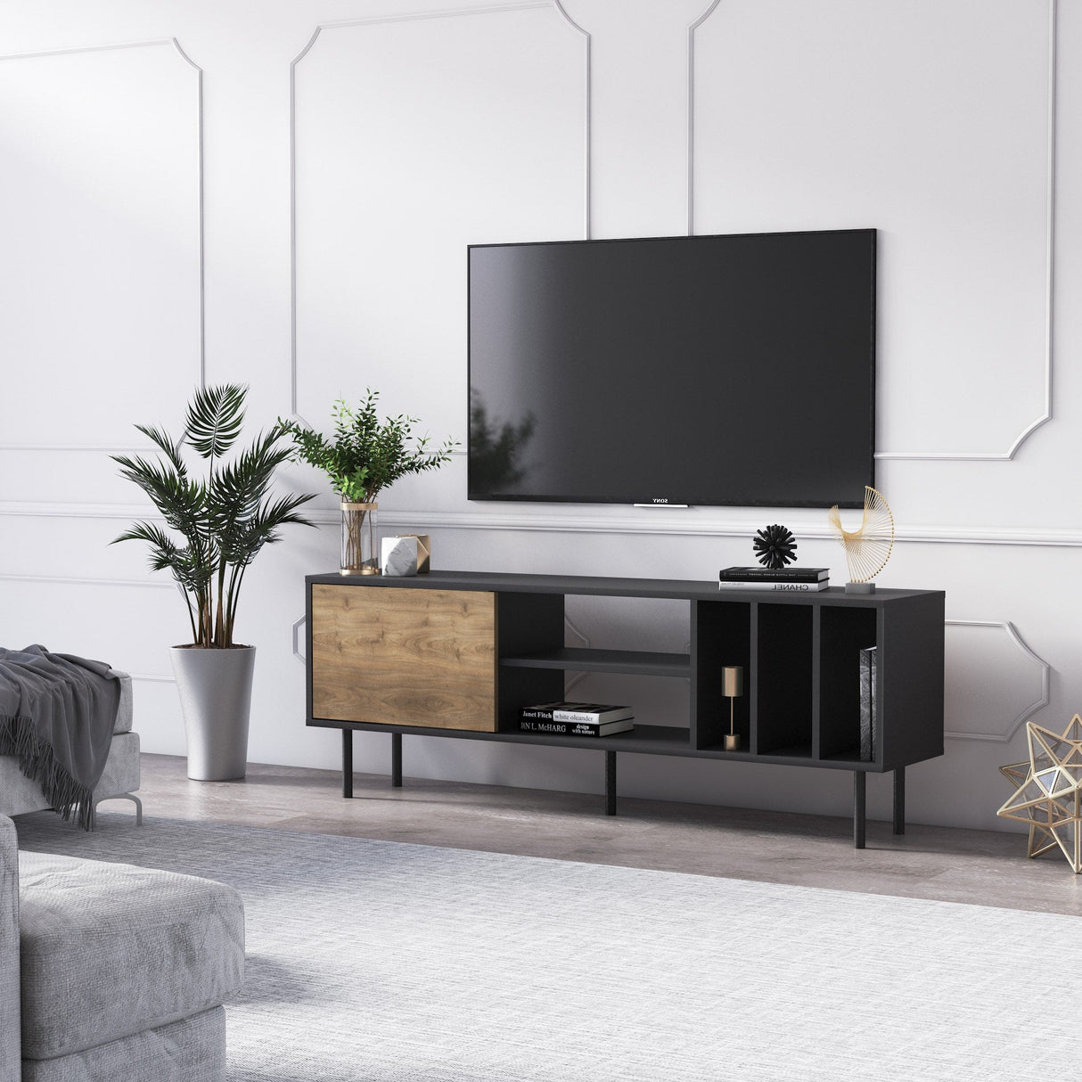 Comodă TV Pietra, Diverse culori, 160x35x57 cm - Nuc - Negru | SKU: 598MNM1110 | Comodă TV Pietra, 160x35x57 cm, varianta Nuc - Negru, produs pentru amenajarea locuinței, disponibil online în România la CasaMob