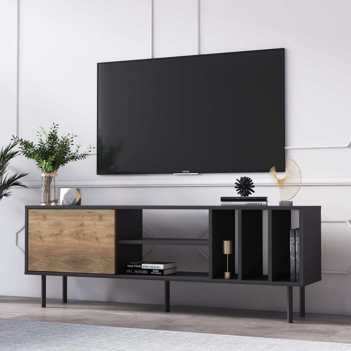 Comodă TV Pietra, Diverse culori, 160x35x57 cm - Nuc - Negru | SKU: 598MNM1110 | Comodă TV Pietra, 160x35x57 cm, varianta Nuc - Negru, produs pentru amenajarea locuinței, disponibil online în România la CasaMob