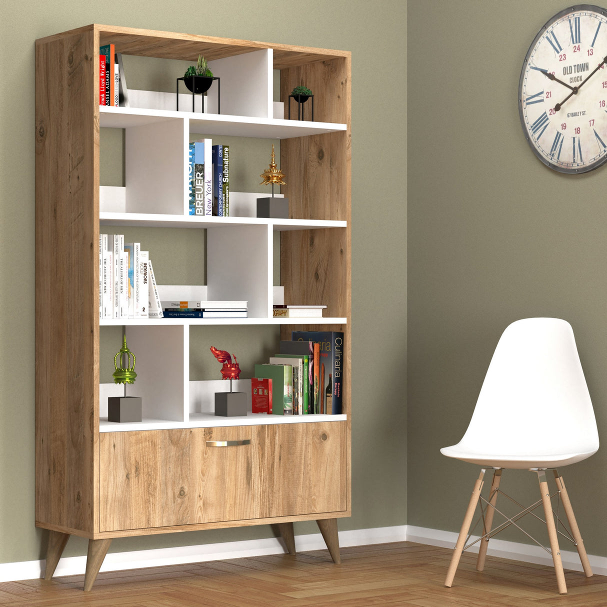 Bibliotecă KTB0202, Alb - Pin atlantic, 90x36x160 cm
