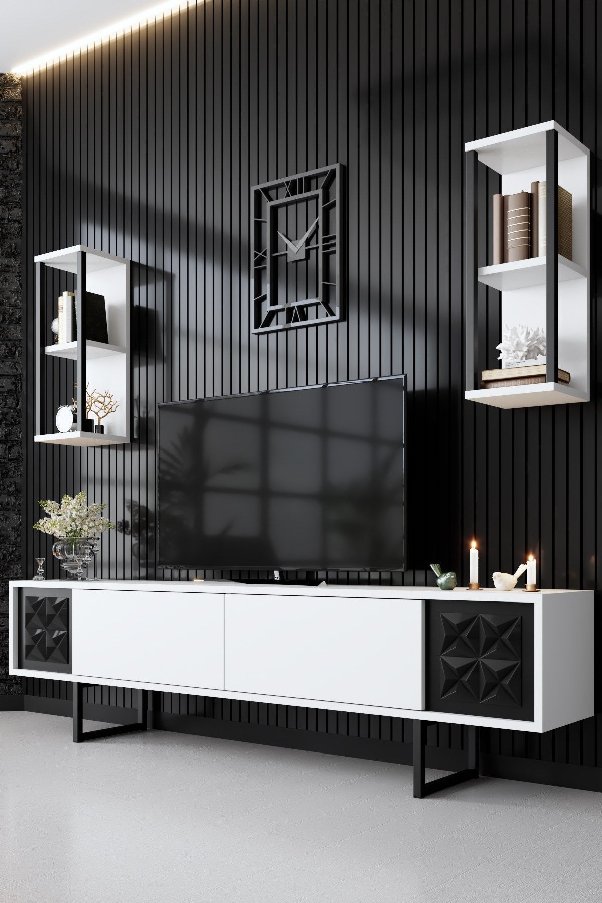 Set mobilă pentru sufragerie negru Line Set, Diverse culori, 180x30x18 cm - Alb - Negru | SKU: 618BLY1156 | Set mobilă pentru sufragerie negru Line Set, 180x30x18 cm, varianta Alb - Negru, produs pentru amenajarea locuinței, disponibil online în România la CasaMob