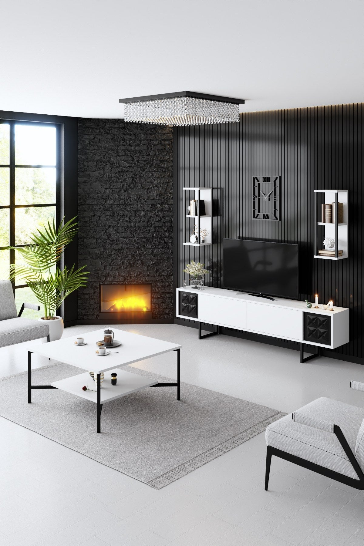 Set mobilă pentru sufragerie negru Line Set, Diverse culori, 180x30x18 cm - Alb - Negru | SKU: 618BLY1156 | Set mobilă pentru sufragerie negru Line Set, 180x30x18 cm, varianta Alb - Negru, produs pentru amenajarea locuinței, disponibil online în România la CasaMob