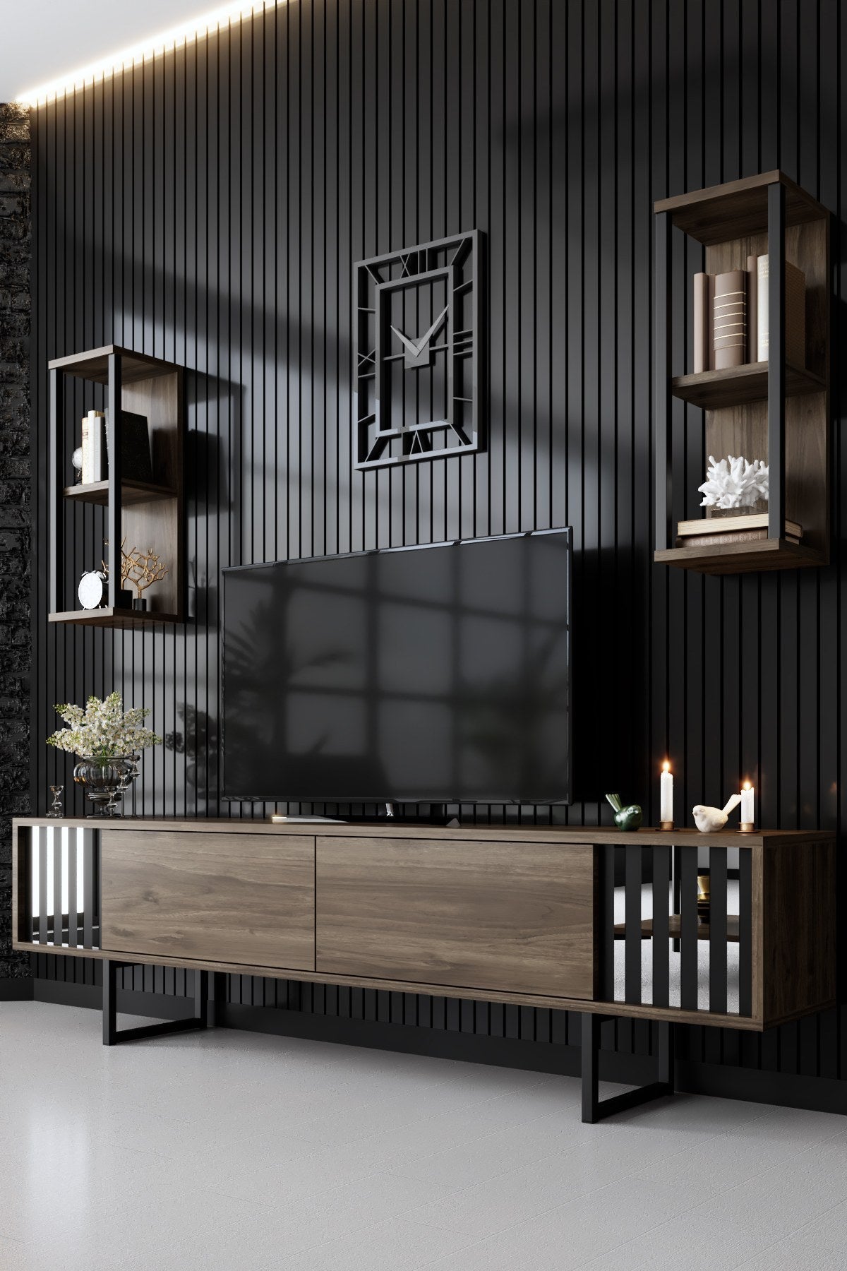 Set mobilă pentru sufragerie Chrome Line Set, Diverse culori, 180x30x18 cm - Nuc - Negru | SKU: 618BLY1158 | Set mobilă pentru sufragerie Chrome Line Set, 180x30x18 cm, varianta Nuc - Negru, produs pentru amenajarea locuinței, disponibil online în România la CasaMob