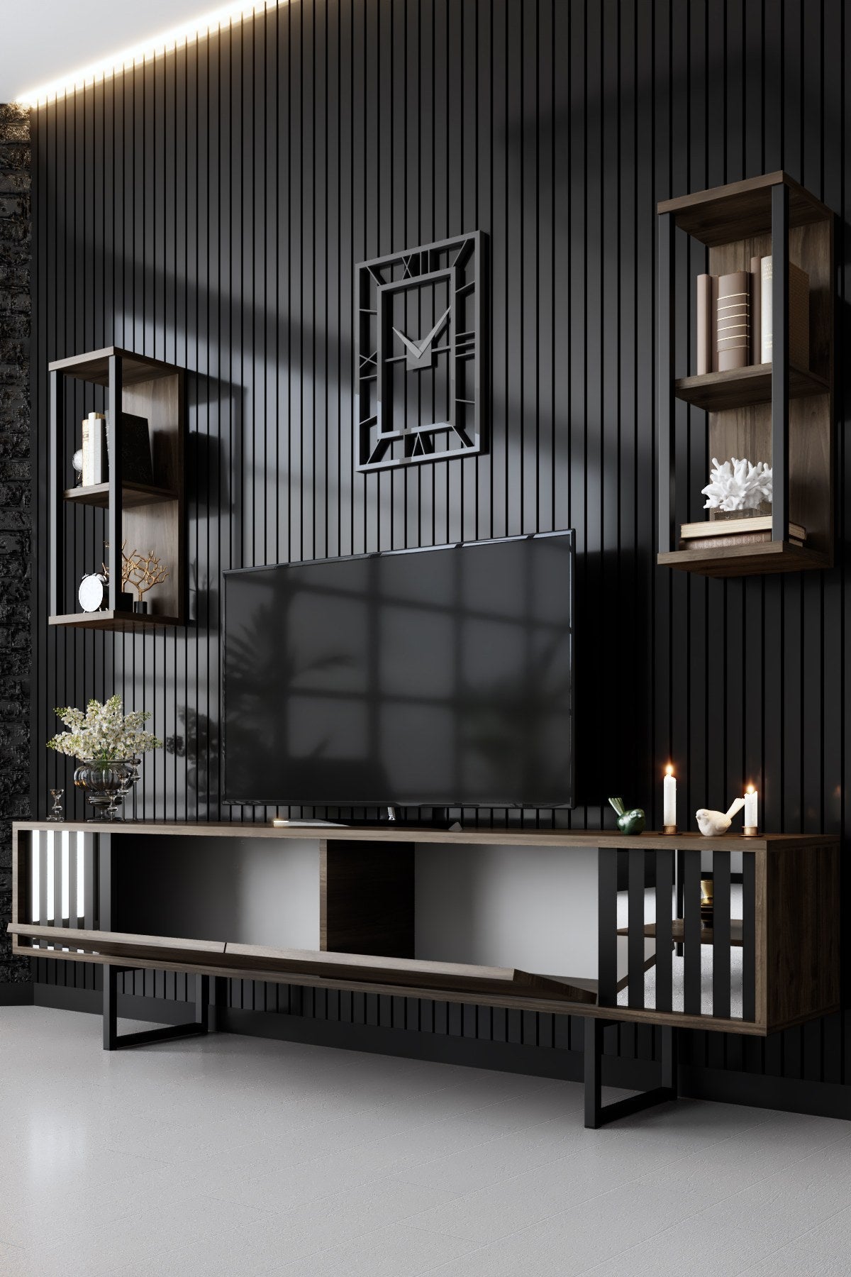 Set mobilă pentru sufragerie Chrome Line Set, Diverse culori, 180x30x18 cm - Nuc - Negru | SKU: 618BLY1158 | Set mobilă pentru sufragerie Chrome Line Set, 180x30x18 cm, varianta Nuc - Negru, produs pentru amenajarea locuinței, disponibil online în România la CasaMob