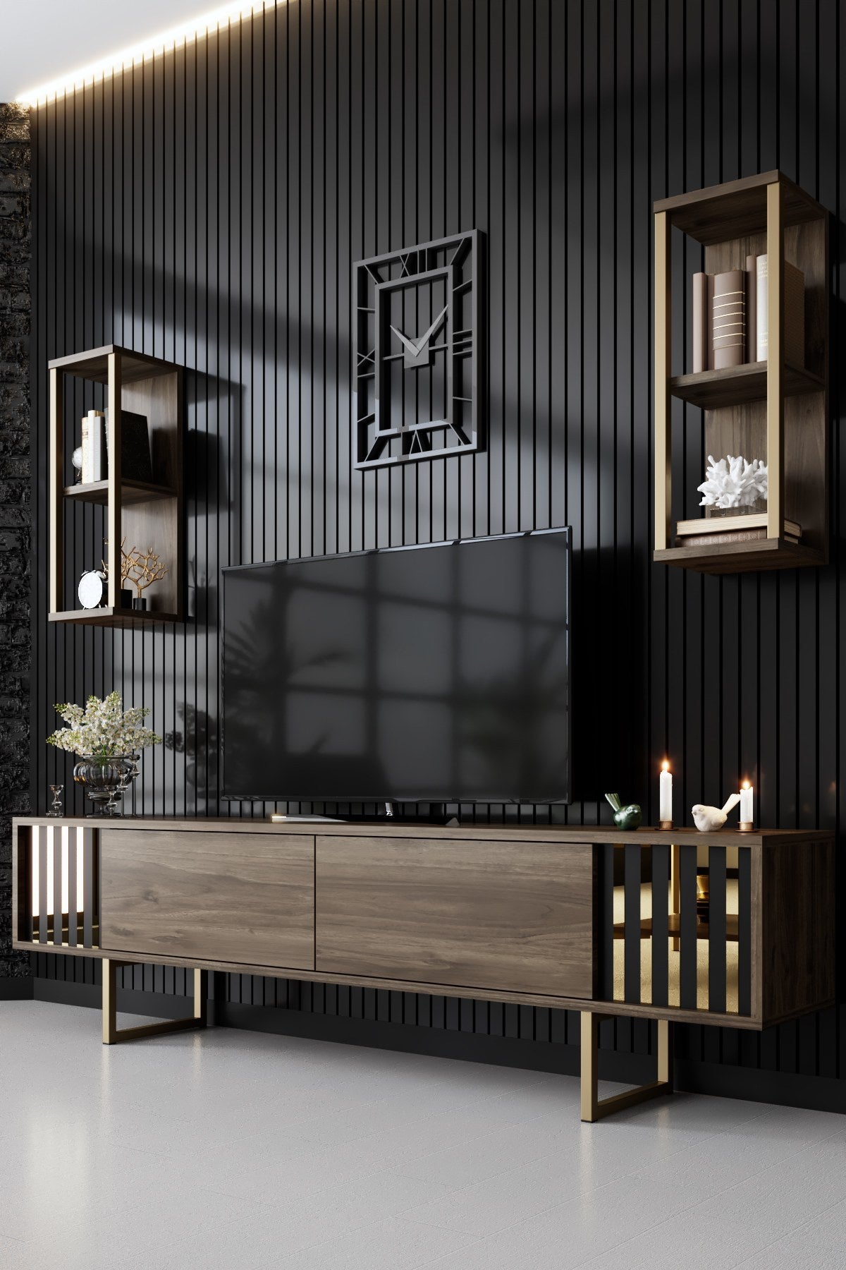Set mobilă pentru sufragerie Gold Line - Walnut, Gold, Nuc - Negru, 180x30x18 cm