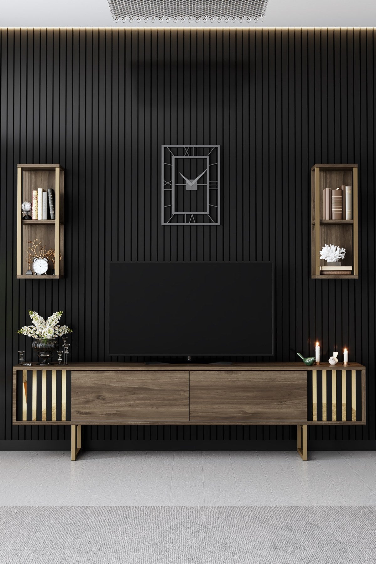 Set mobilă pentru sufragerie Gold Line - Walnut, Gold, Nuc - Negru, 180x30x18 cm