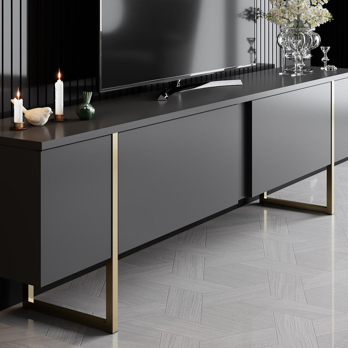 Set mobilă pentru sufragerie Luxe Set, Diverse culori, 180x30x47 cm - Antracit - Auriu | SKU: 618BLY1170 | Set mobilă pentru sufragerie Luxe Set, 180x30x47 cm, varianta Antracit - Auriu, produs pentru amenajarea locuinței, disponibil online în România la CasaMob