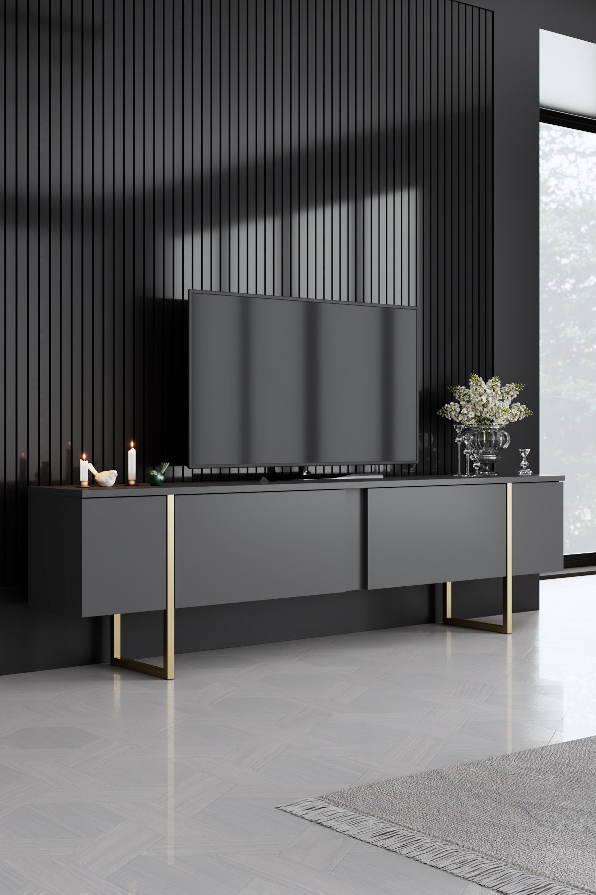 Set mobilă pentru sufragerie Luxe, Diverse culori, Diverse dimensiuni - Antracit - Auriu - 160x35x80 cm | SKU: 618BLY1184 | Set mobilă pentru sufragerie Luxe, varianta Antracit - Auriu - 160x35x80 cm, produs pentru amenajarea locuinței, disponibil online în România la CasaMob