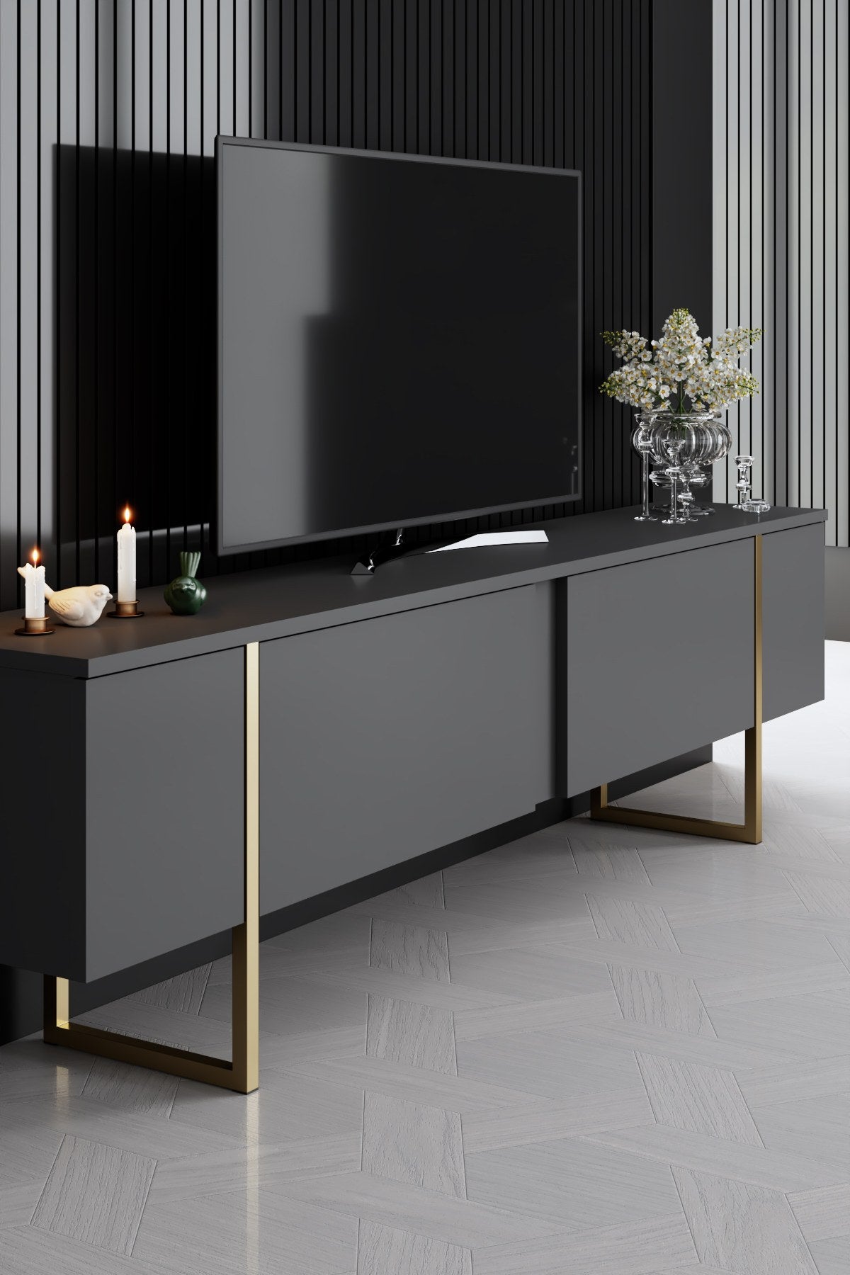 Set mobilă pentru sufragerie Luxe, Diverse culori, Diverse dimensiuni - Antracit - Auriu - 160x35x80 cm | SKU: 618BLY1184 | Set mobilă pentru sufragerie Luxe, varianta Antracit - Auriu - 160x35x80 cm, produs pentru amenajarea locuinței, disponibil online în România la CasaMob