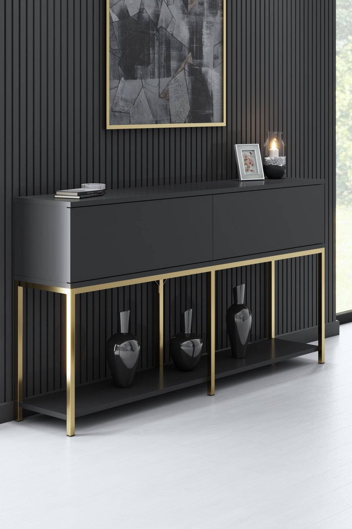 Set mobilă pentru sufragerie Lord, Diverse culori, 180x30x47 cm - Antracit - Auriu | SKU: 618BLY1190 | Set mobilă pentru sufragerie Lord, 180x30x47 cm, varianta Antracit - Auriu, produs pentru amenajarea locuinței, disponibil online în România la CasaMob