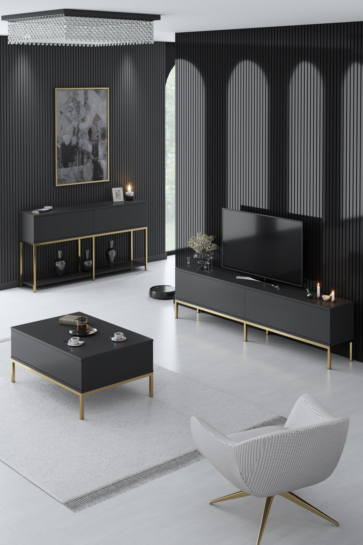 Set mobilă pentru sufragerie Lord, Diverse culori, 180x30x47 cm - Antracit - Auriu | SKU: 618BLY1190 | Set mobilă pentru sufragerie Lord, 180x30x47 cm, varianta Antracit - Auriu, produs pentru amenajarea locuinței, disponibil online în România la CasaMob