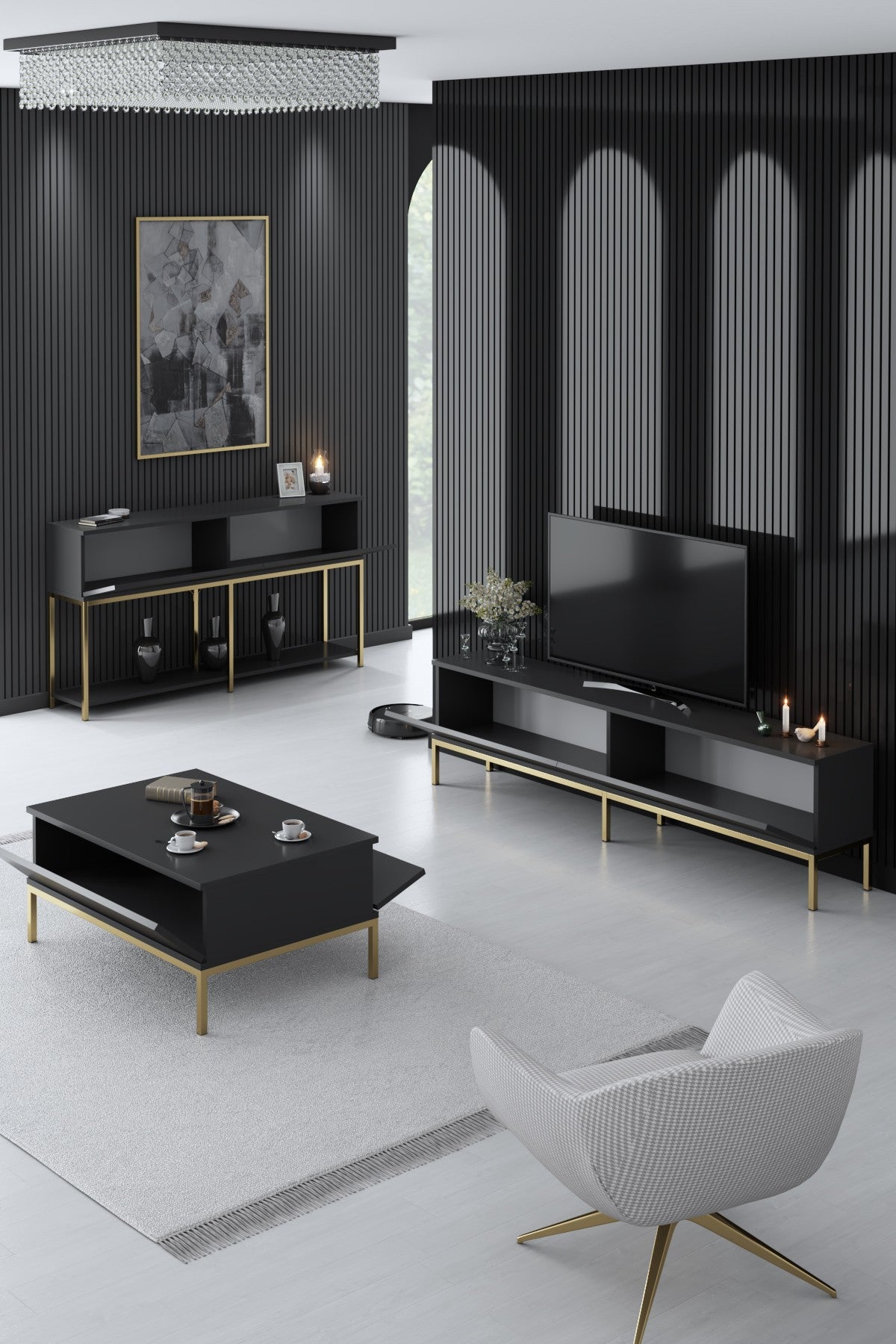 Set mobilă pentru sufragerie Lord, Diverse culori, 180x30x47 cm - Antracit - Auriu | SKU: 618BLY1190 | Set mobilă pentru sufragerie Lord, 180x30x47 cm, varianta Antracit - Auriu, produs pentru amenajarea locuinței, disponibil online în România la CasaMob