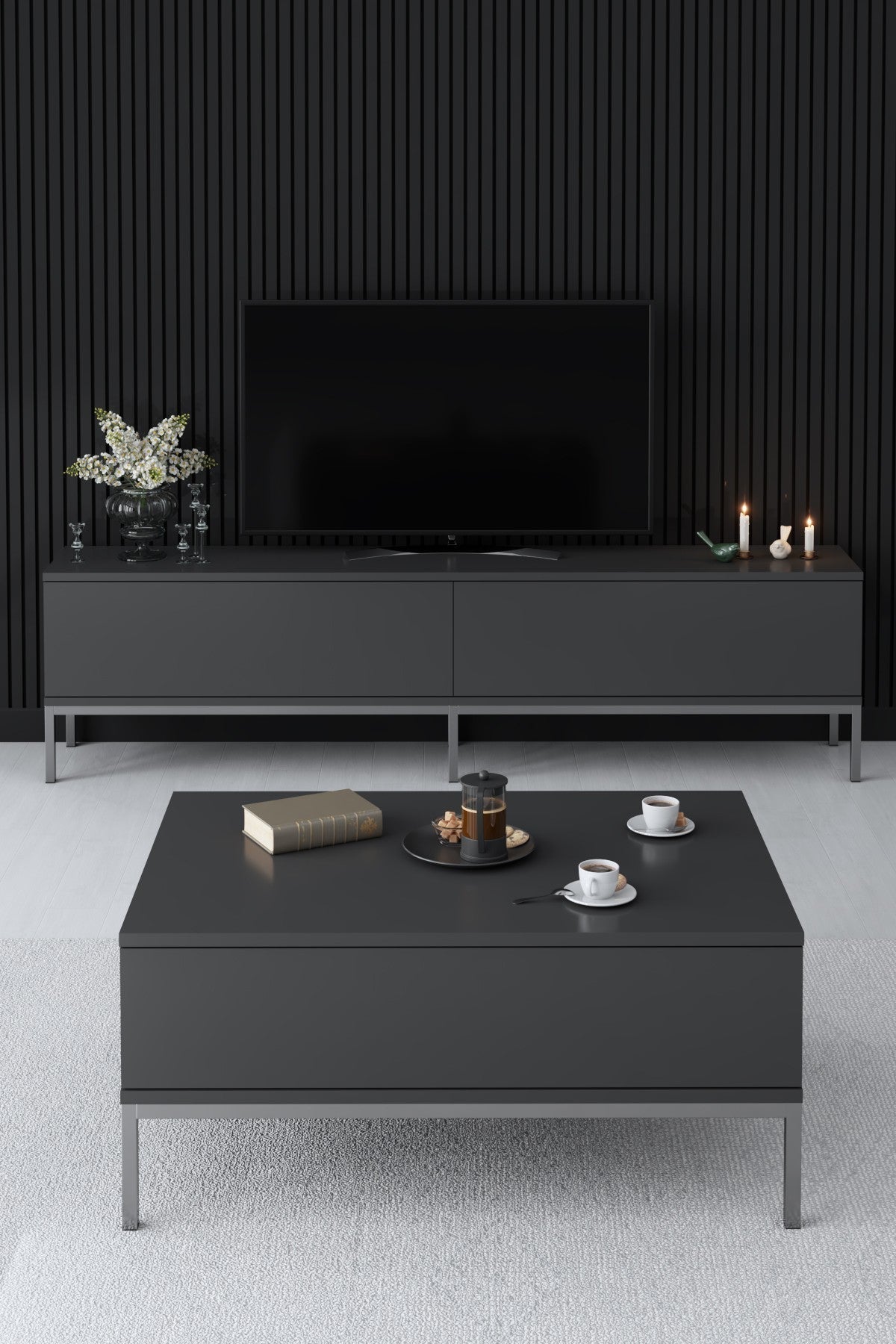 Comodă TV Lord, Diverse culori, 180x30x47 cm - Antracit - Argintiu | SKU: 618BLY1191 | Comodă TV Lord, 180x30x47 cm, varianta Antracit - Argintiu, produs pentru amenajarea locuinței, disponibil online în România la CasaMob