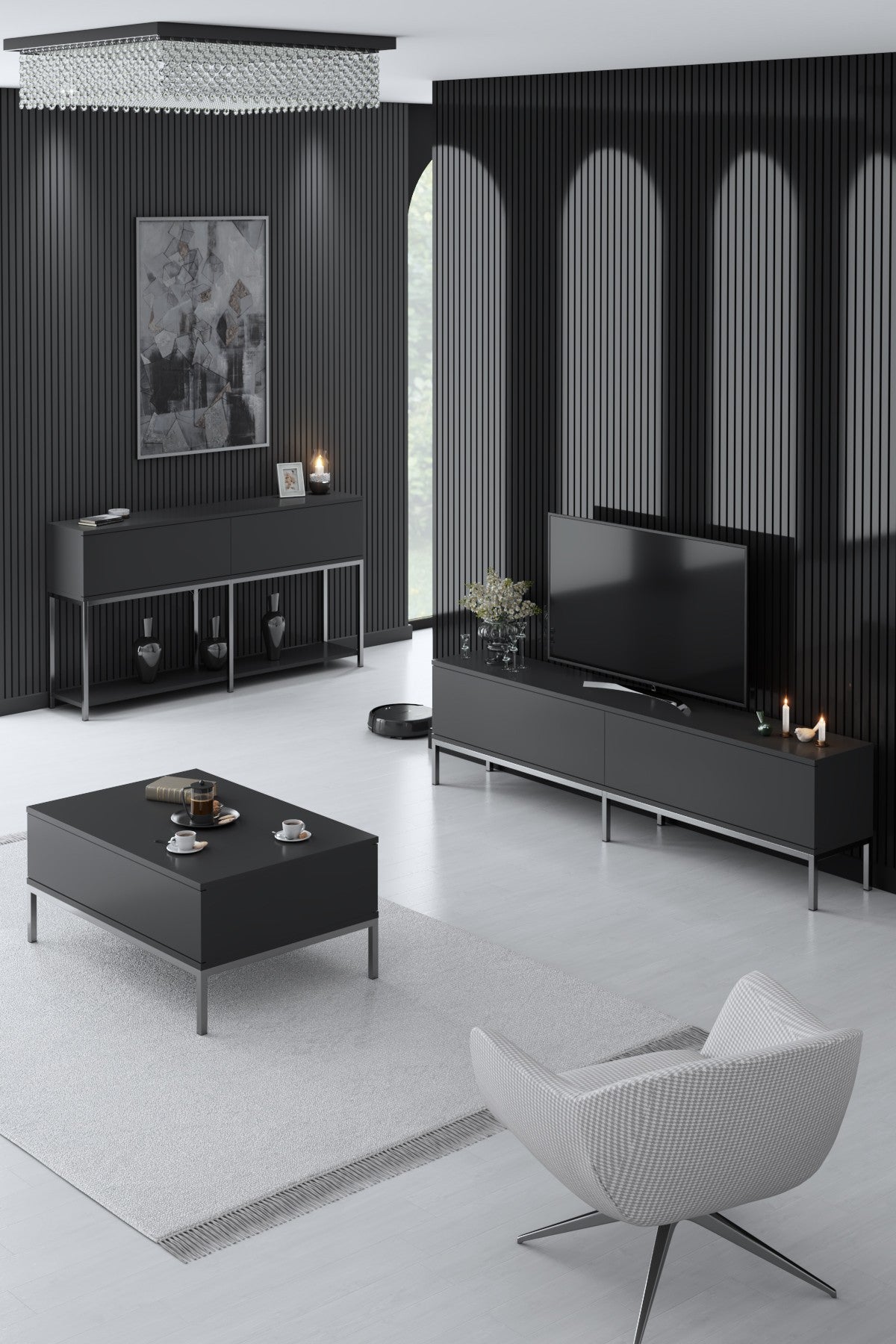 Set mobilă pentru sufragerie Lord, Diverse culori, 180x30x47 cm - Antracit - Argintiu | SKU: 618BLY1194 | Set mobilă pentru sufragerie Lord, 180x30x47 cm, varianta Antracit - Argintiu, produs pentru amenajarea locuinței, disponibil online în România la CasaMob