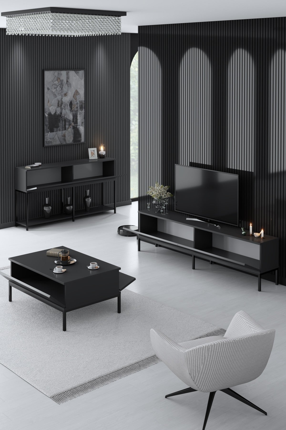 Set mobilă pentru sufragerie Lord, Diverse culori, 180x30x47 cm - Antracit - Negru | SKU: 618BLY1198 | Set mobilă pentru sufragerie Lord, 180x30x47 cm, varianta Antracit - Negru, produs pentru amenajarea locuinței, disponibil online în România la CasaMob