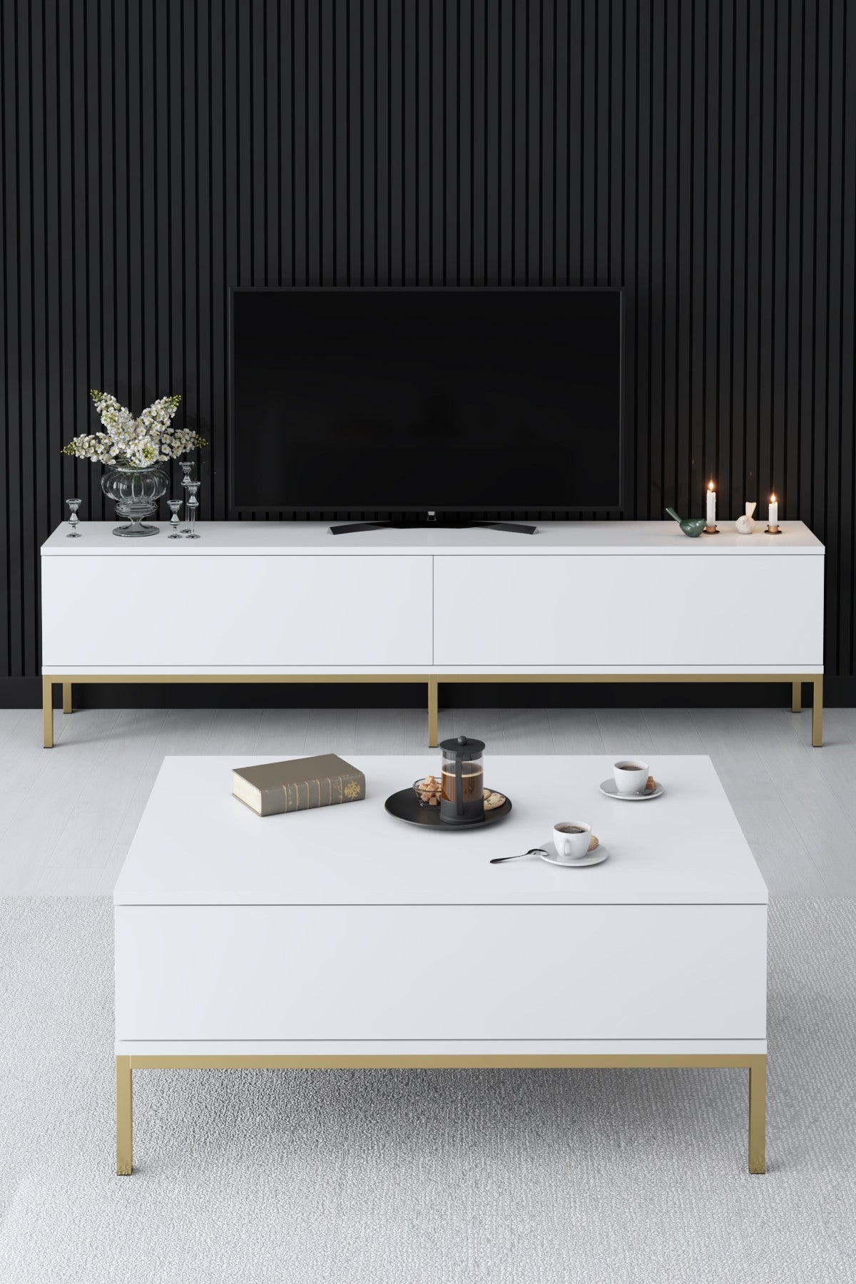 Set mobilă pentru sufragerie Lord, Diverse culori, 180x30x47 cm - Alb - Auriu | SKU: 618BLY1203 | Set mobilă pentru sufragerie Lord, 180x30x47 cm, varianta Alb - Auriu, produs pentru amenajarea locuinței, disponibil online în România la CasaMob