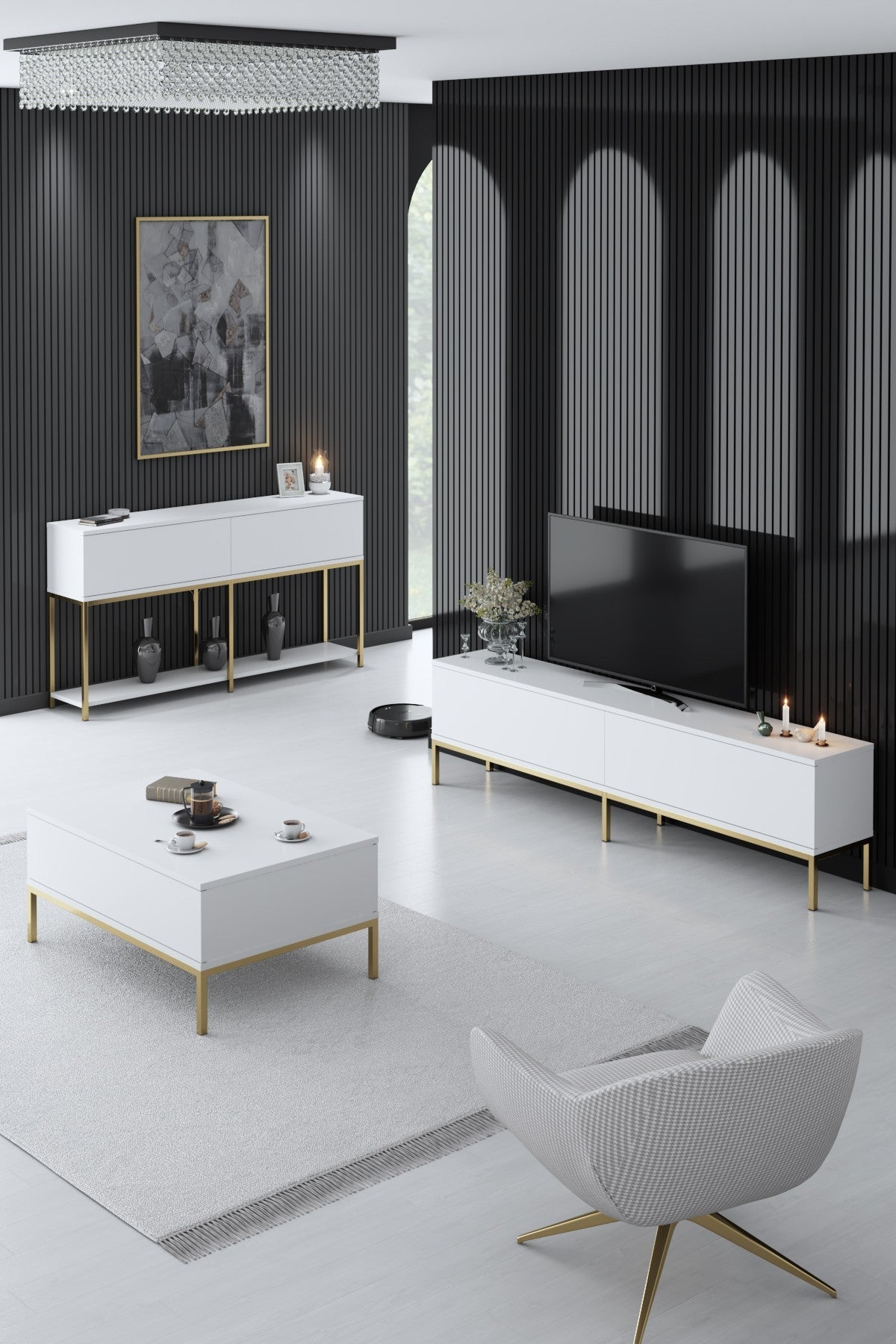 Set mobilă pentru sufragerie Lord, Diverse culori, 180x30x47 cm - Alb - Auriu | SKU: 618BLY1203 | Set mobilă pentru sufragerie Lord, 180x30x47 cm, varianta Alb - Auriu, produs pentru amenajarea locuinței, disponibil online în România la CasaMob