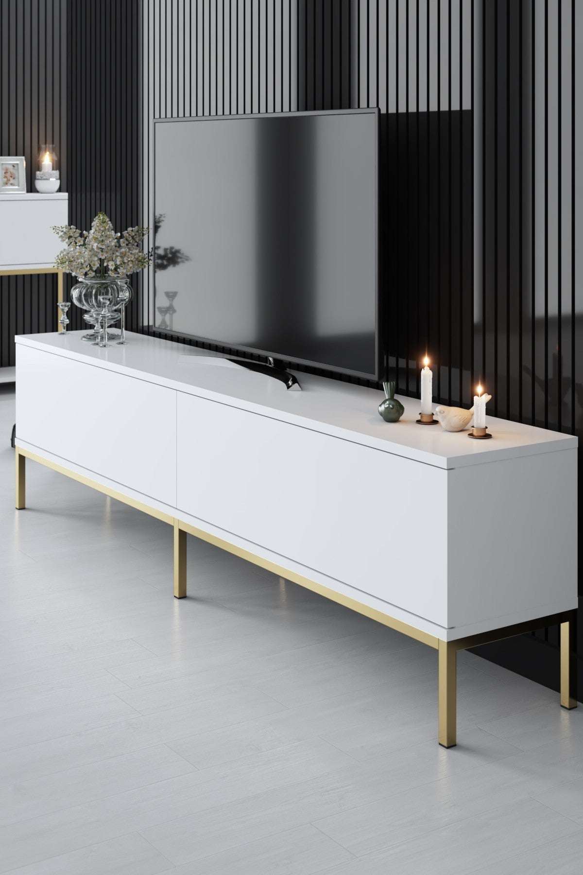 Set mobilă pentru sufragerie Lord, Diverse culori, 180x30x47 cm - Alb - Auriu | SKU: 618BLY1203 | Set mobilă pentru sufragerie Lord, 180x30x47 cm, varianta Alb - Auriu, produs pentru amenajarea locuinței, disponibil online în România la CasaMob