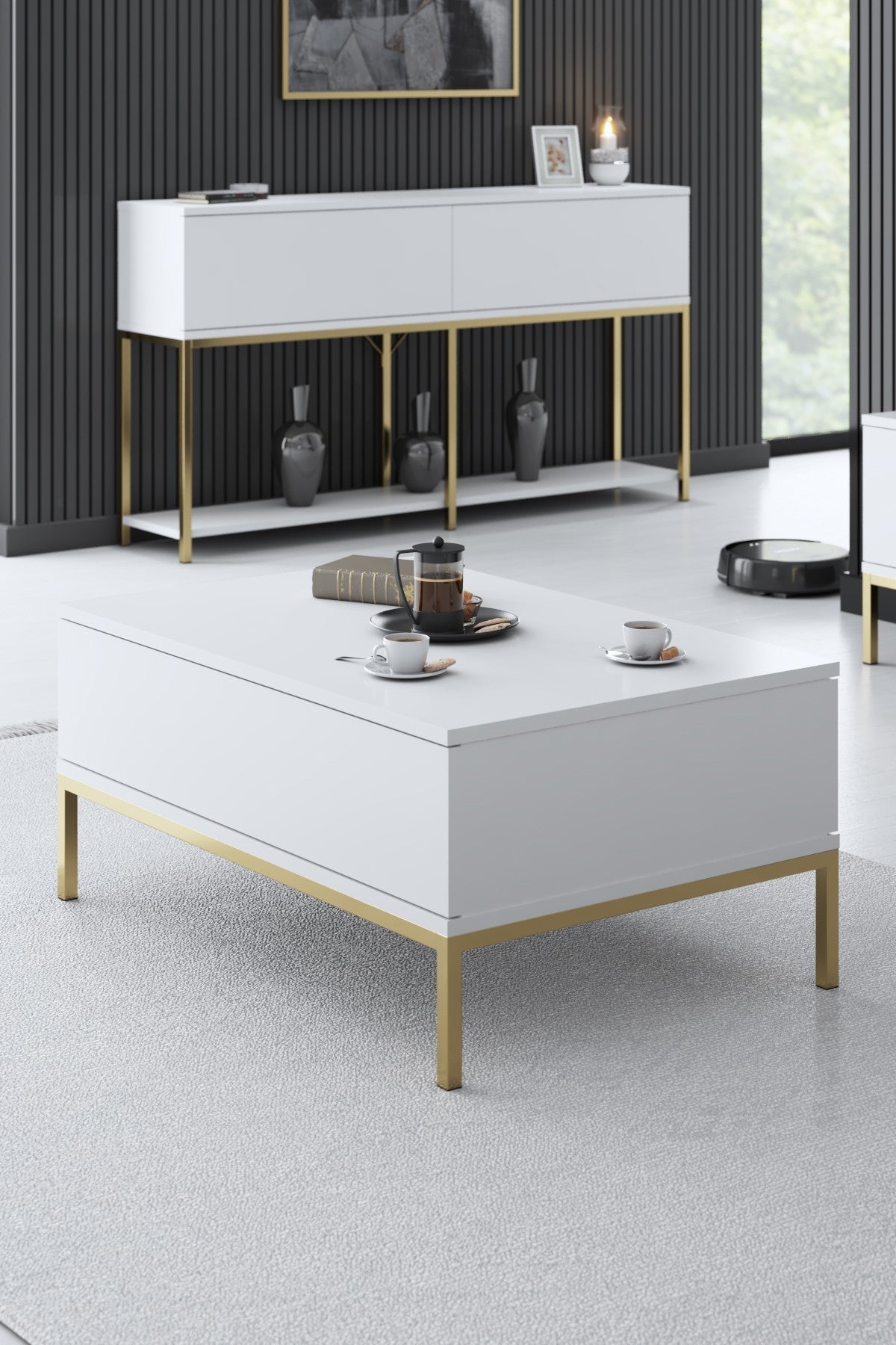 Set mobilă pentru sufragerie Lord, Diverse culori, 180x30x47 cm - Alb - Auriu | SKU: 618BLY1203 | Set mobilă pentru sufragerie Lord, 180x30x47 cm, varianta Alb - Auriu, produs pentru amenajarea locuinței, disponibil online în România la CasaMob