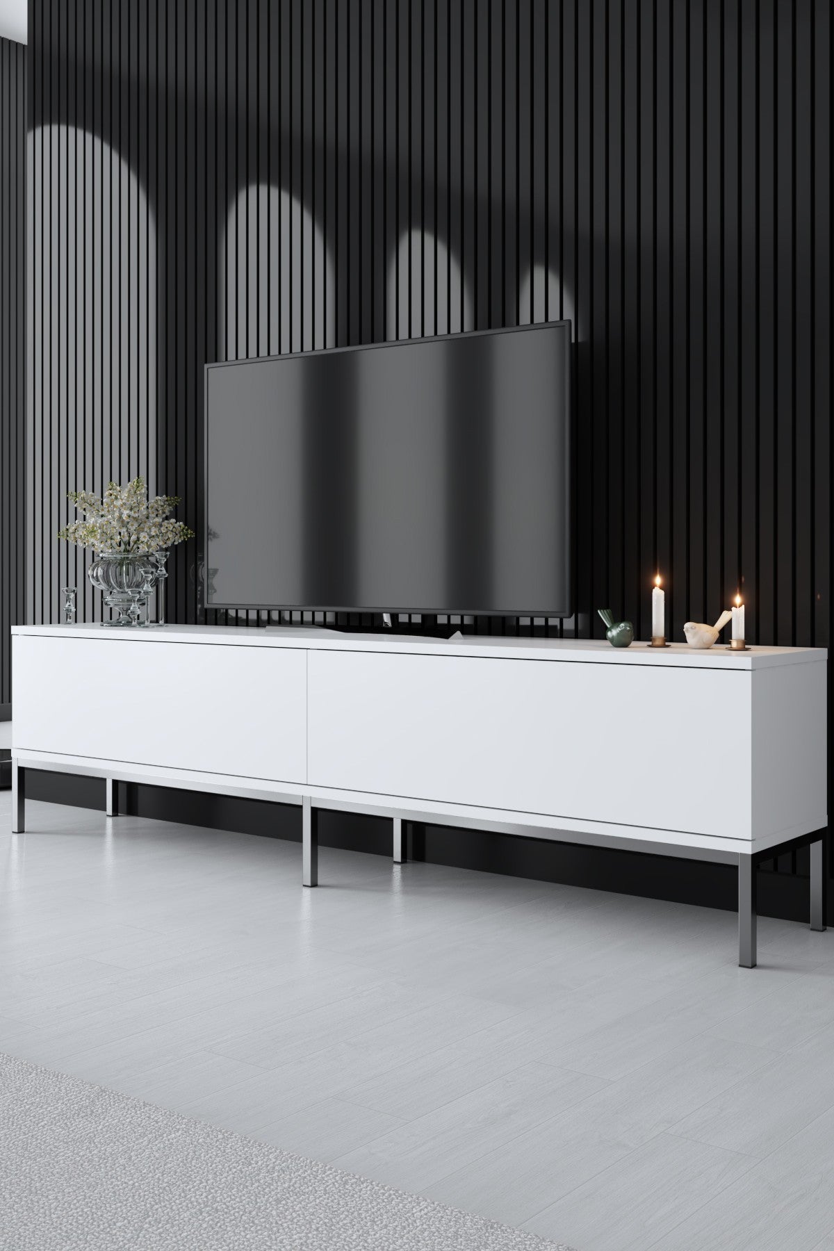 Comodă TV Lord, Diverse culori, 180x30x47 cm - Alb - Argintiu | SKU: 618BLY1204 | Comodă TV Lord, 180x30x47 cm, varianta Alb - Argintiu, produs pentru amenajarea locuinței, disponibil online în România la CasaMob