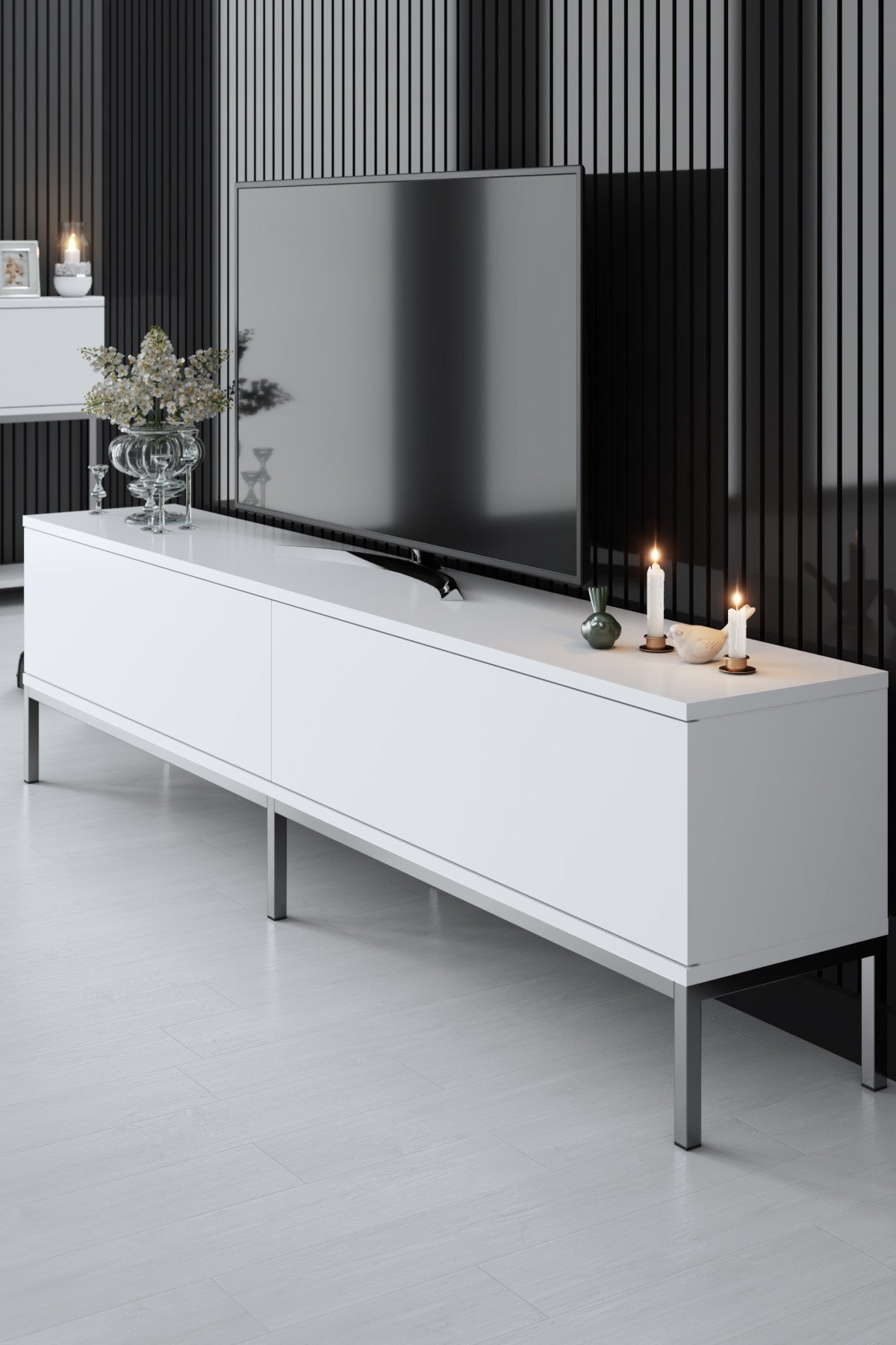 Comodă TV Lord, Diverse culori, 180x30x47 cm - Alb - Argintiu | SKU: 618BLY1204 | Comodă TV Lord, 180x30x47 cm, varianta Alb - Argintiu, produs pentru amenajarea locuinței, disponibil online în România la CasaMob