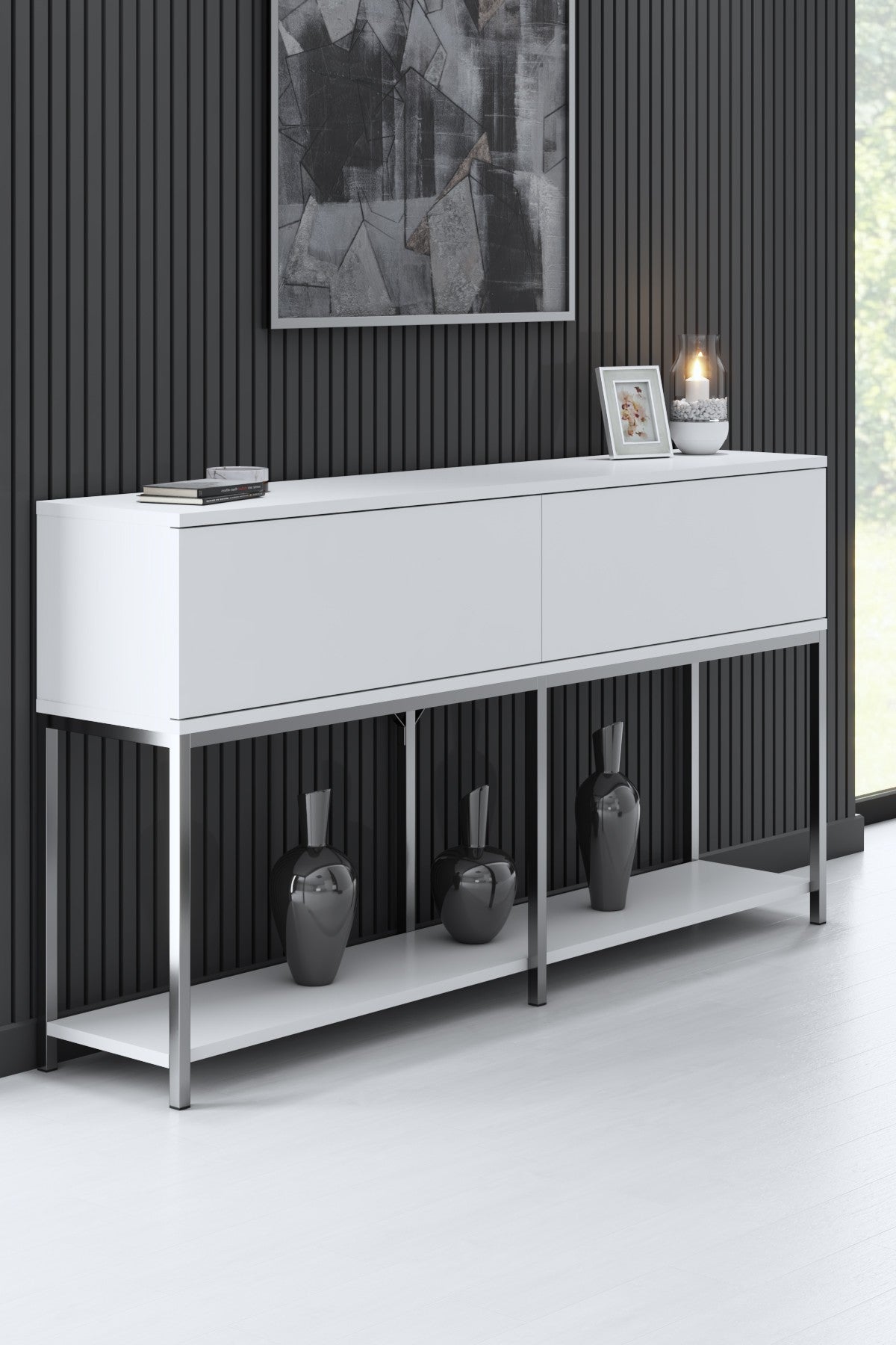Set mobilă pentru sufragerie Lord, Diverse culori, 180x30x47 cm - Alb - Argintiu | SKU: 618BLY1207 | Set mobilă pentru sufragerie Lord, 180x30x47 cm, varianta Alb - Argintiu, produs pentru amenajarea locuinței, disponibil online în România la CasaMob