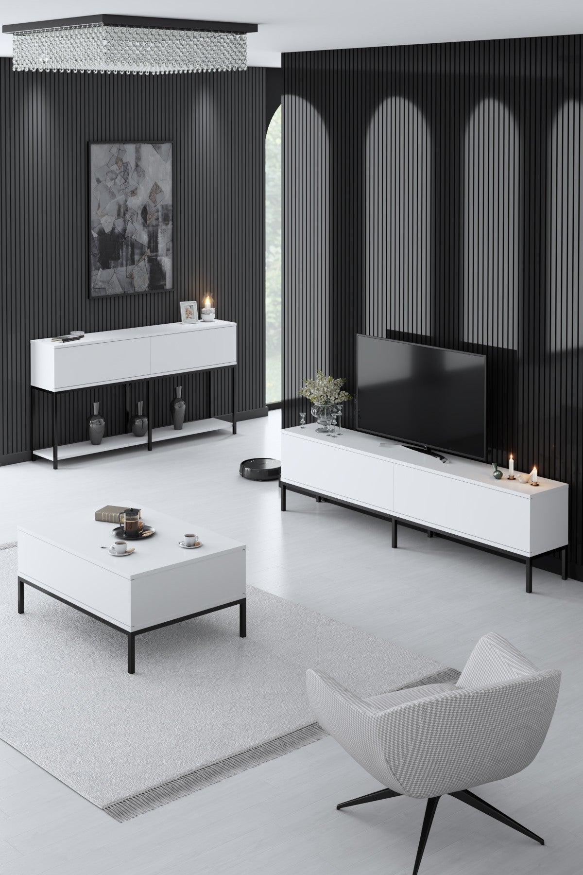 Set mobilă pentru sufragerie Lord, Diverse culori, 180x30x47 cm - Negru - Alb | SKU: 618BLY1211 | Set mobilă pentru sufragerie Lord, 180x30x47 cm, varianta Negru - Alb, produs pentru amenajarea locuinței, disponibil online în România la CasaMob