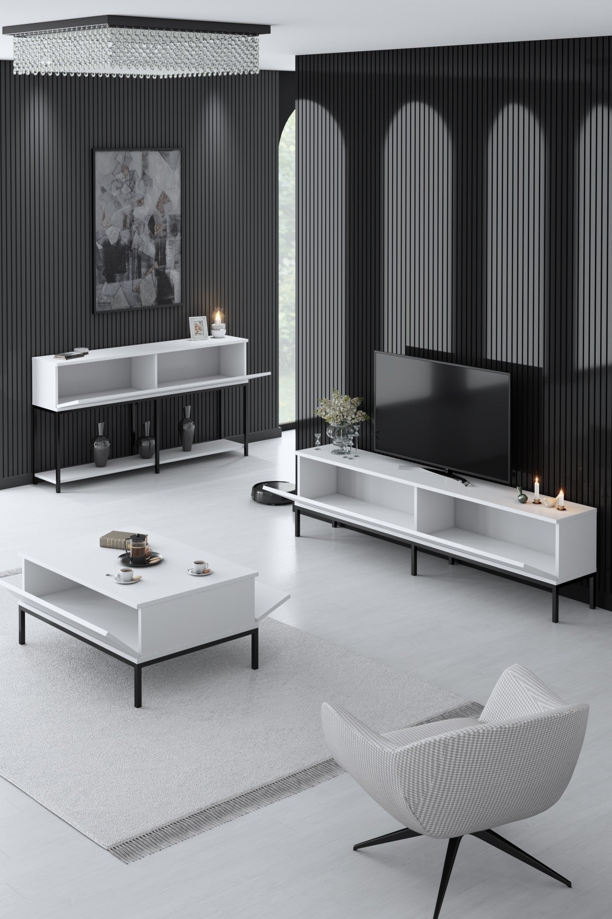 Set mobilă pentru sufragerie Lord, Diverse culori, 180x30x47 cm - Negru - Alb | SKU: 618BLY1211 | Set mobilă pentru sufragerie Lord, 180x30x47 cm, varianta Negru - Alb, produs pentru amenajarea locuinței, disponibil online în România la CasaMob