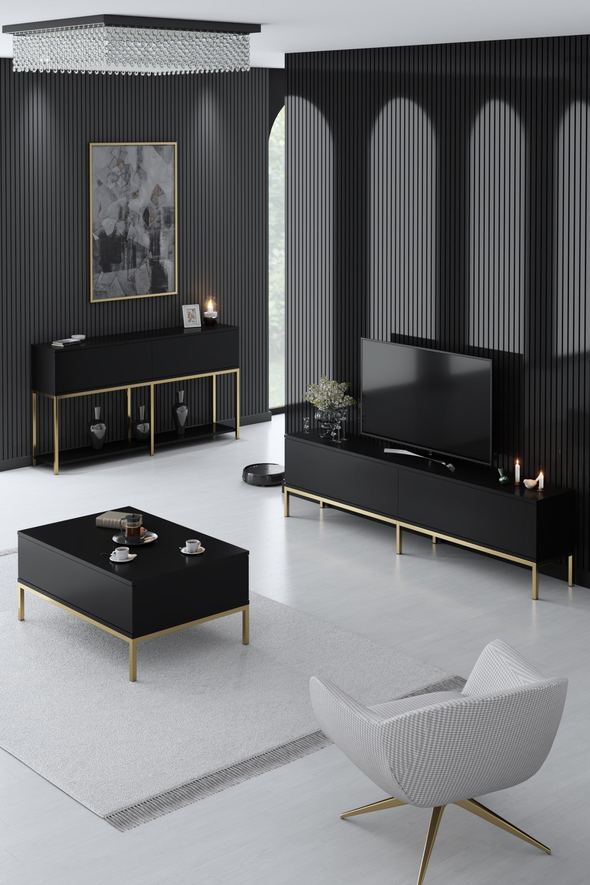 Set mobilă pentru sufragerie Lord, Diverse culori, 180x30x47 cm - Negru - Auriu | SKU: 618BLY1215 | Set mobilă pentru sufragerie Lord, 180x30x47 cm, varianta Negru - Auriu, produs pentru amenajarea locuinței, disponibil online în România la CasaMob