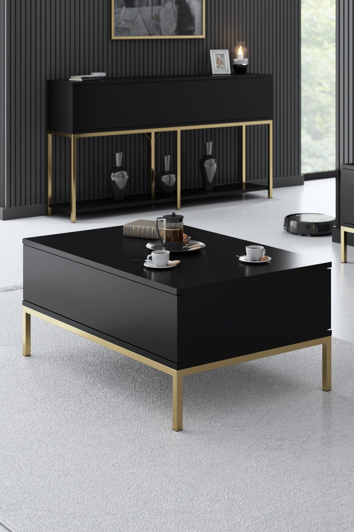 Set mobilă pentru sufragerie Lord, Diverse culori, 180x30x47 cm - Negru - Auriu | SKU: 618BLY1215 | Set mobilă pentru sufragerie Lord, 180x30x47 cm, varianta Negru - Auriu, produs pentru amenajarea locuinței, disponibil online în România la CasaMob