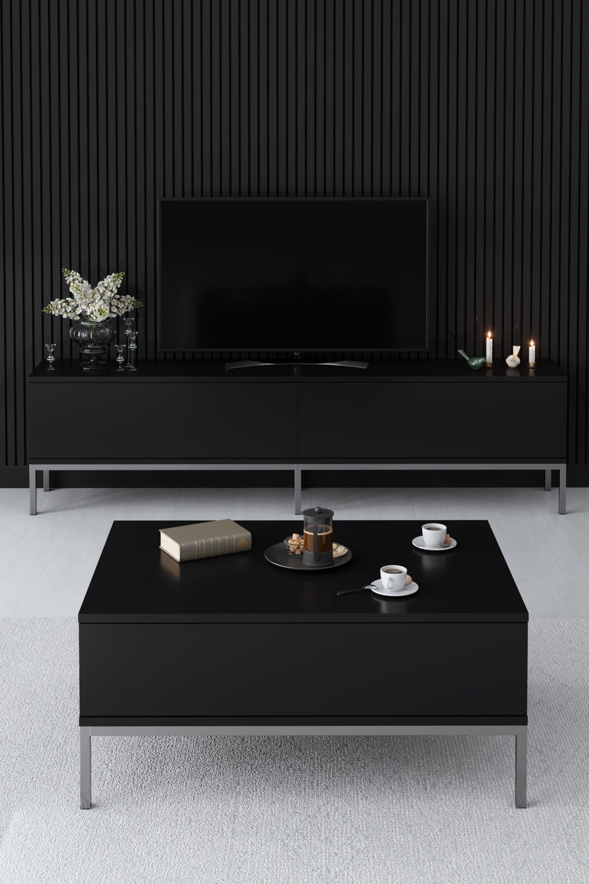 Comodă TV Lord, Diverse culori, 180x30x47 cm - Negru - Argintiu | SKU: 618BLY1216 | Comodă TV Lord, 180x30x47 cm, varianta Negru - Argintiu, produs pentru amenajarea locuinței, disponibil online în România la CasaMob