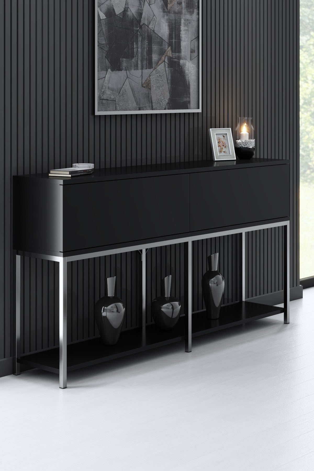 Set mobilă pentru sufragerie Lord, Diverse culori, 180x30x47 cm - Negru - Argintiu | SKU: 618BLY1219 | Set mobilă pentru sufragerie Lord, 180x30x47 cm, varianta Negru - Argintiu, produs pentru amenajarea locuinței, disponibil online în România la CasaMob