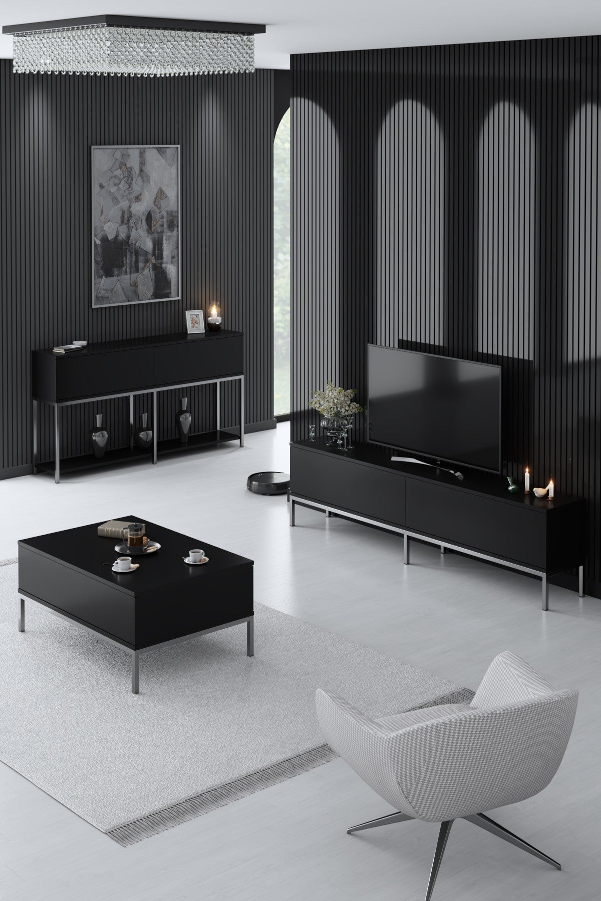 Set mobilă pentru sufragerie Lord, Diverse culori, 180x30x47 cm - Negru - Argintiu | SKU: 618BLY1219 | Set mobilă pentru sufragerie Lord, 180x30x47 cm, varianta Negru - Argintiu, produs pentru amenajarea locuinței, disponibil online în România la CasaMob