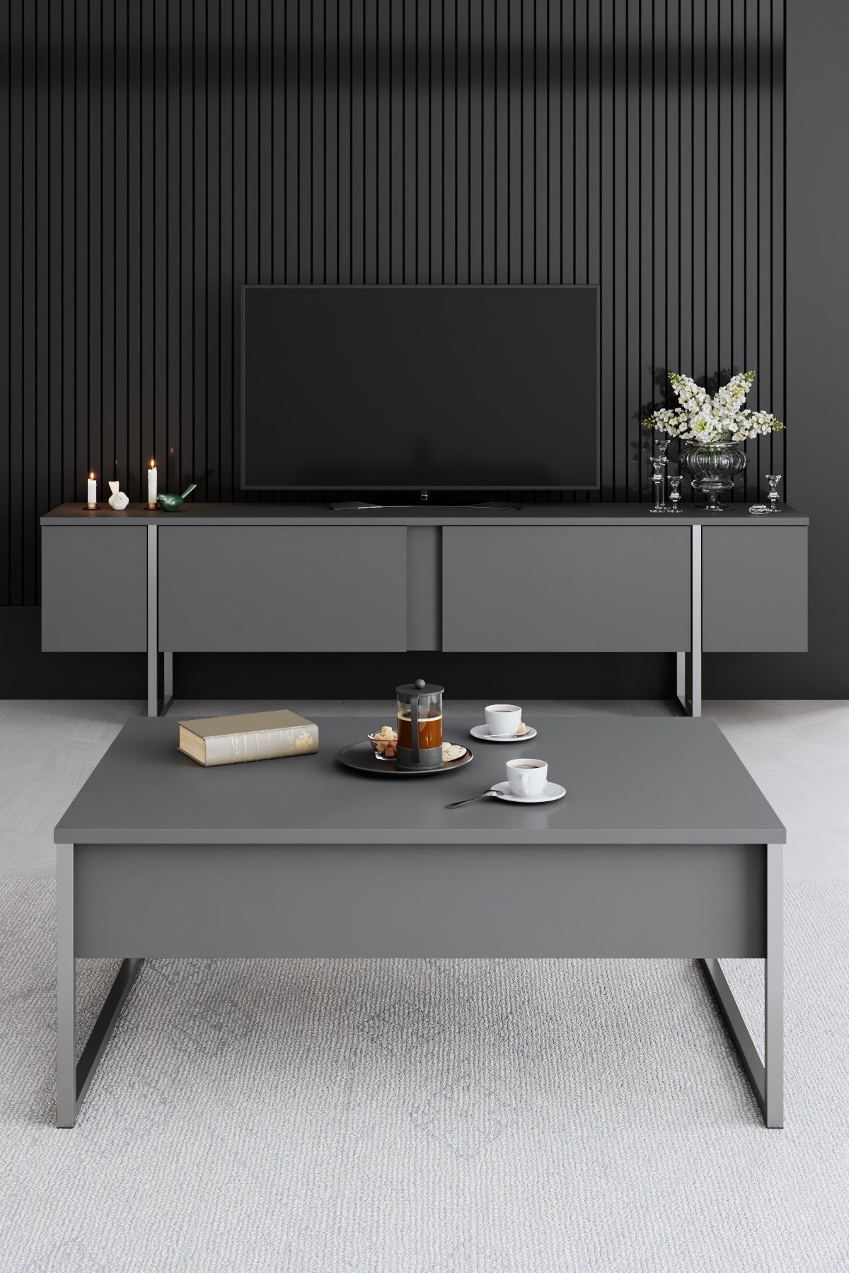 Set mobilă pentru sufragerie Luxe, Diverse culori, Diverse dimensiuni - Antracit - Argintiu - 180x30x50 cm | SKU: 618BLY1224 | Set mobilă pentru sufragerie Luxe, varianta Antracit - Argintiu - 180x30x50 cm, produs pentru amenajarea locuinței, disponibil online în România la CasaMob