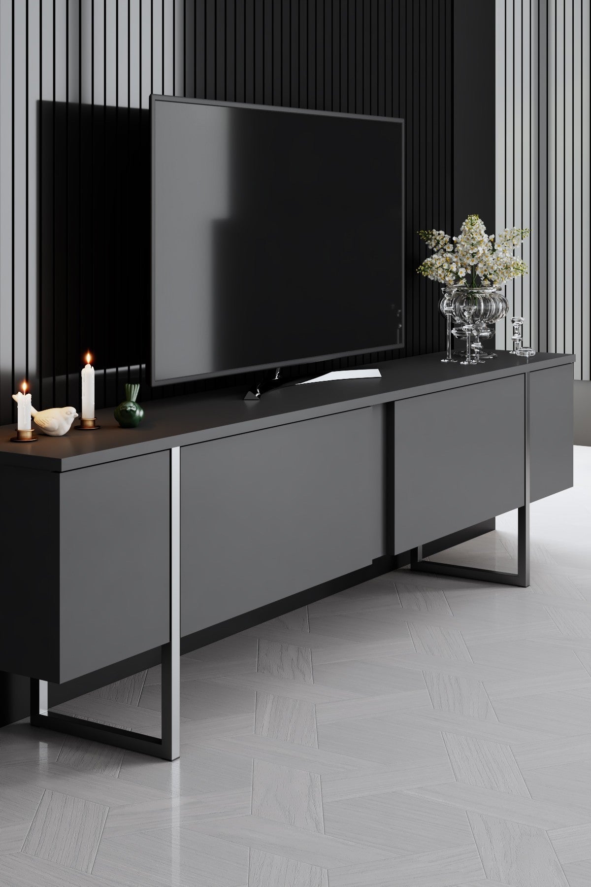 Set mobilă pentru sufragerie Luxe, Diverse culori, Diverse dimensiuni - Antracit - Argintiu - 180x30x50 cm | SKU: 618BLY1224 | Set mobilă pentru sufragerie Luxe, varianta Antracit - Argintiu - 180x30x50 cm, produs pentru amenajarea locuinței, disponibil online în România la CasaMob