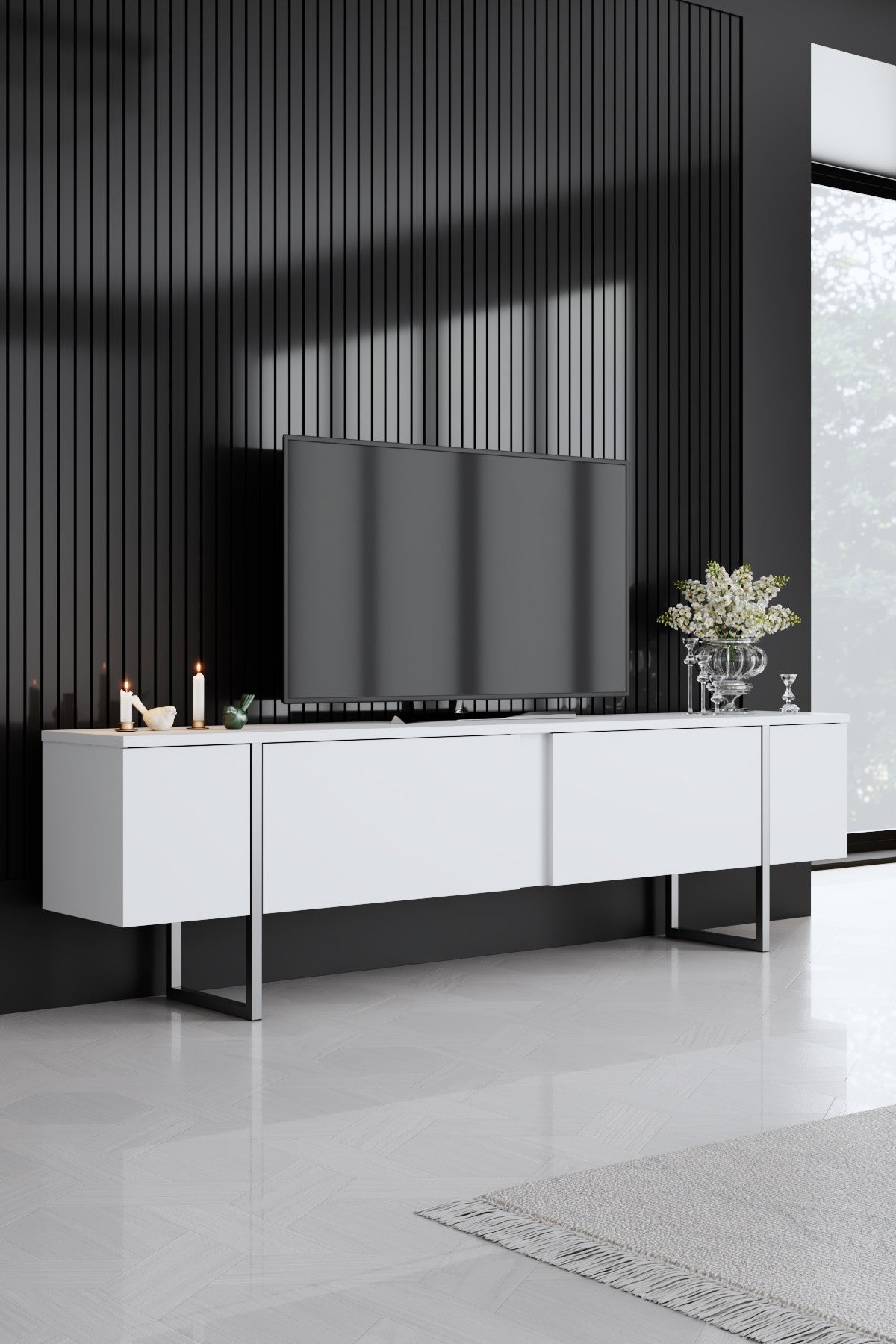Set mobilă pentru sufragerie Luxe, Diverse culori, Diverse dimensiuni - Alb - Argintiu - 180x30x50 cm | SKU: 618BLY1225 | Set mobilă pentru sufragerie Luxe, varianta Alb - Argintiu - 180x30x50 cm, produs pentru amenajarea locuinței, disponibil online în România la CasaMob
