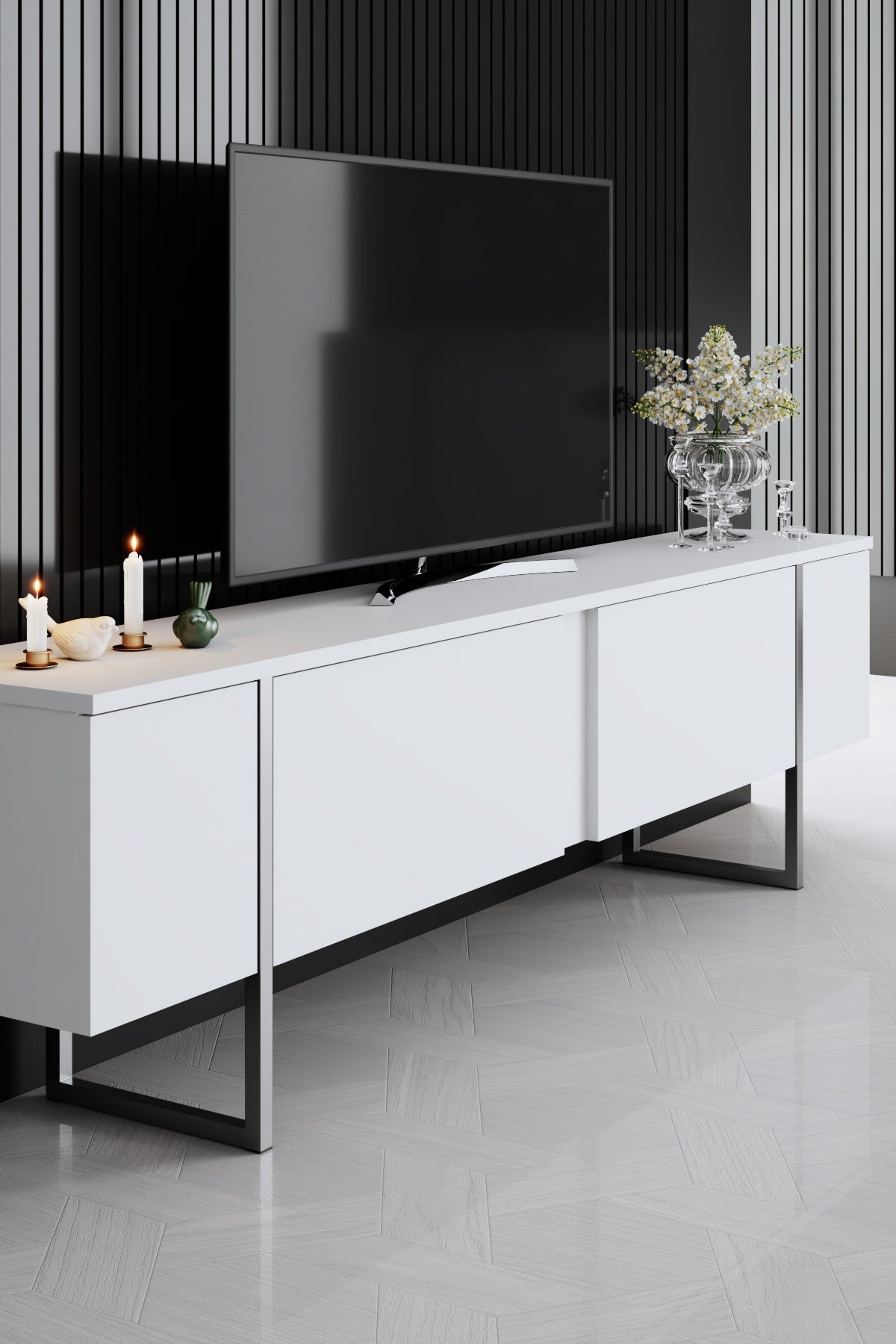 Set mobilă pentru sufragerie Luxe, Diverse culori, Diverse dimensiuni - Alb - Argintiu - 180x30x50 cm | SKU: 618BLY1225 | Set mobilă pentru sufragerie Luxe, varianta Alb - Argintiu - 180x30x50 cm, produs pentru amenajarea locuinței, disponibil online în România la CasaMob