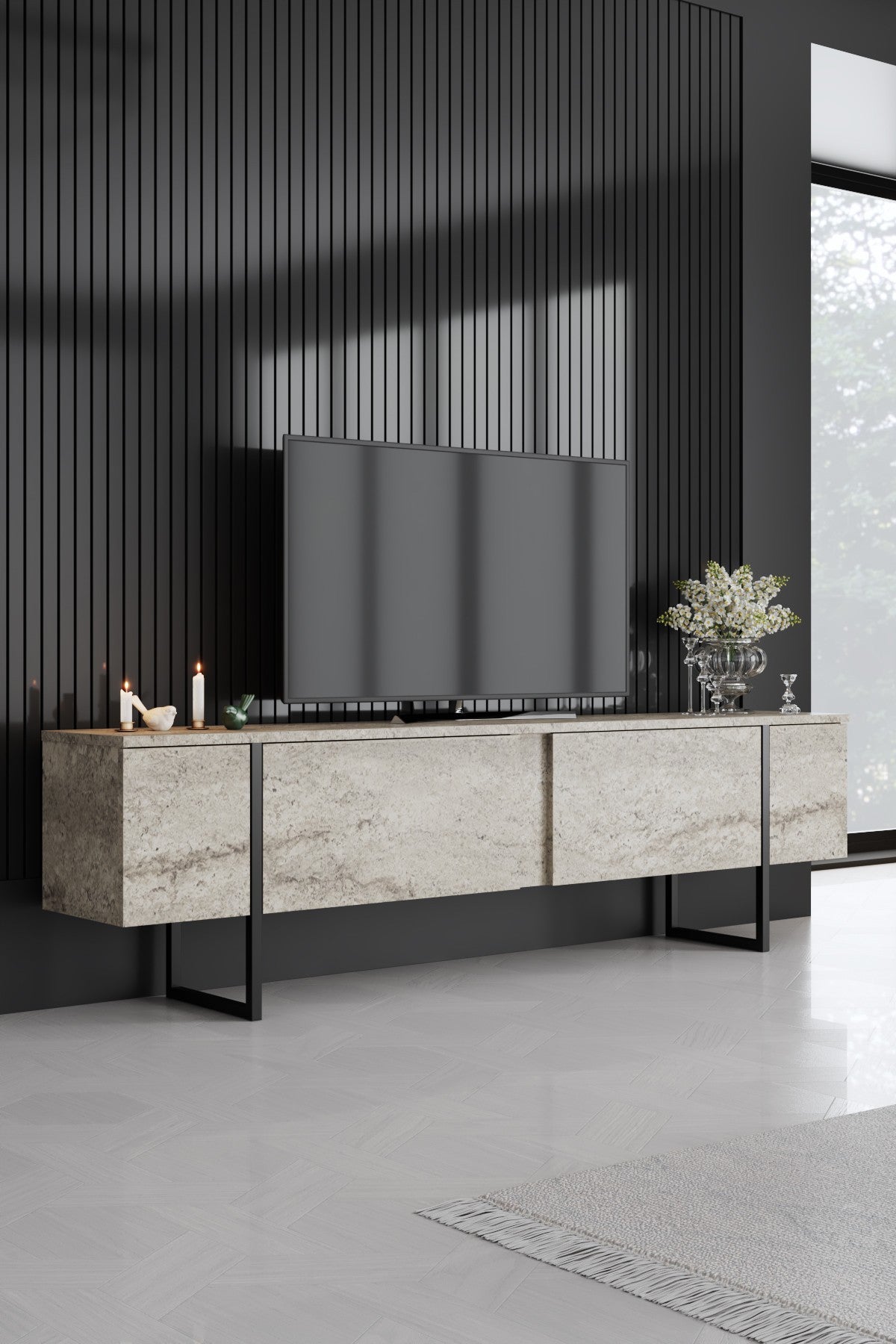 Set mobilă pentru sufragerie Luxe Set, Diverse culori, 180x30x47 cm - Travertin - Negru | SKU: 618BLY1227 | Set mobilă pentru sufragerie Luxe Set, 180x30x47 cm, varianta Travertin - Negru, produs pentru amenajarea locuinței, disponibil online în România la CasaMob