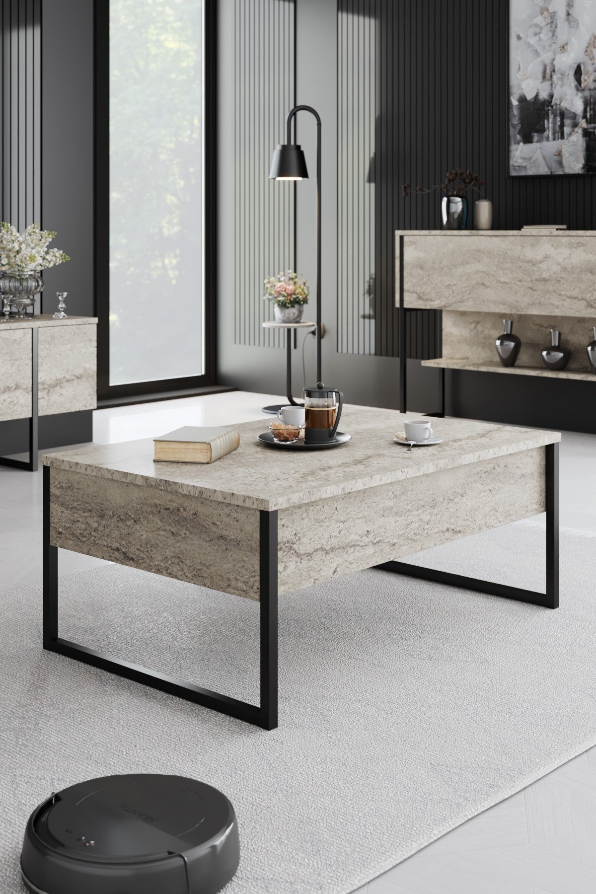 Set mobilă pentru sufragerie Luxe Set, Diverse culori, 180x30x47 cm - Travertin - Negru | SKU: 618BLY1227 | Set mobilă pentru sufragerie Luxe Set, 180x30x47 cm, varianta Travertin - Negru, produs pentru amenajarea locuinței, disponibil online în România la CasaMob