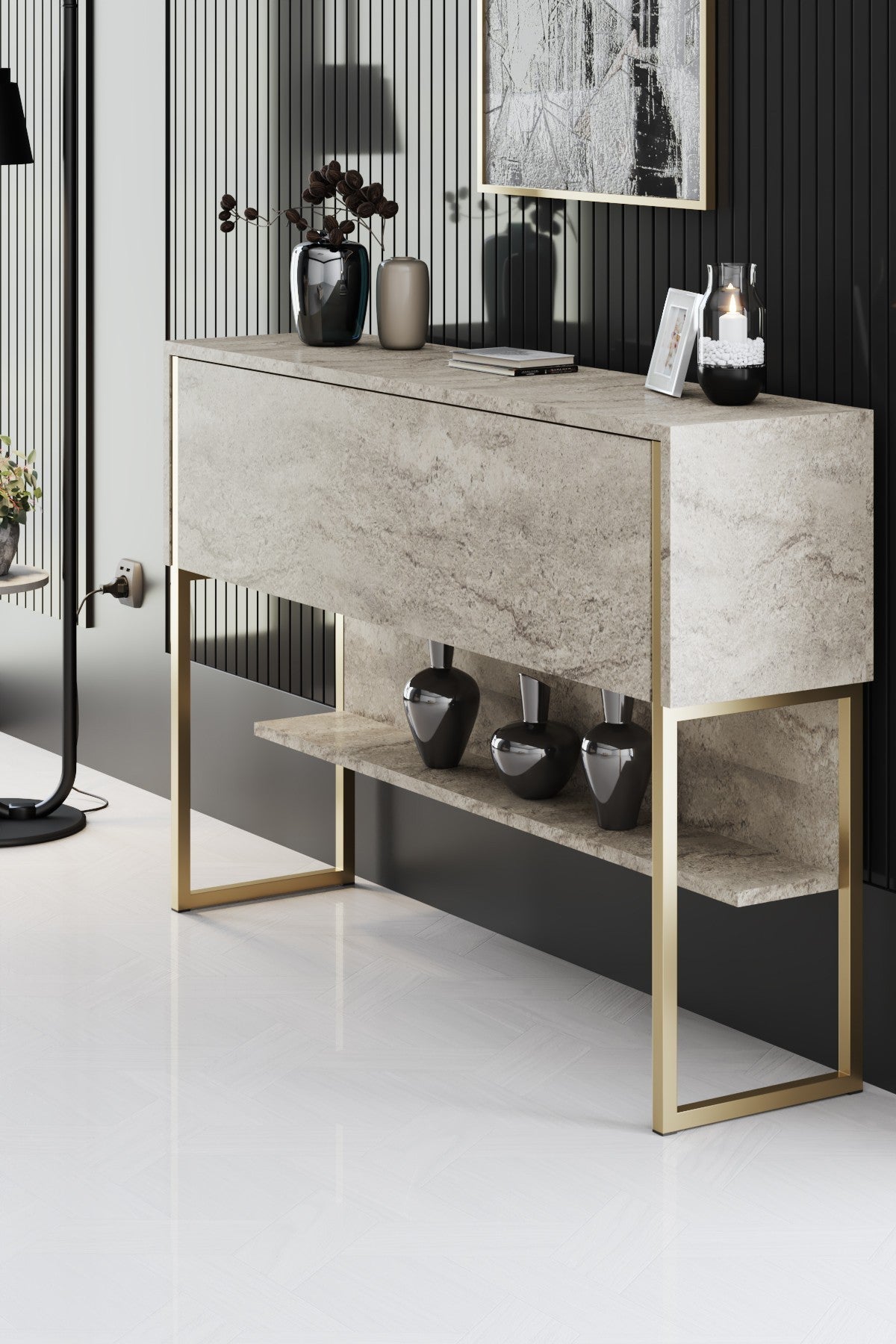 Set mobilă pentru sufragerie Luxe Set, Diverse culori, 180x30x47 cm - Travertin - Auriu | SKU: 618BLY1228 | Set mobilă pentru sufragerie Luxe Set, 180x30x47 cm, varianta Travertin - Auriu, produs pentru amenajarea locuinței, disponibil online în România la CasaMob