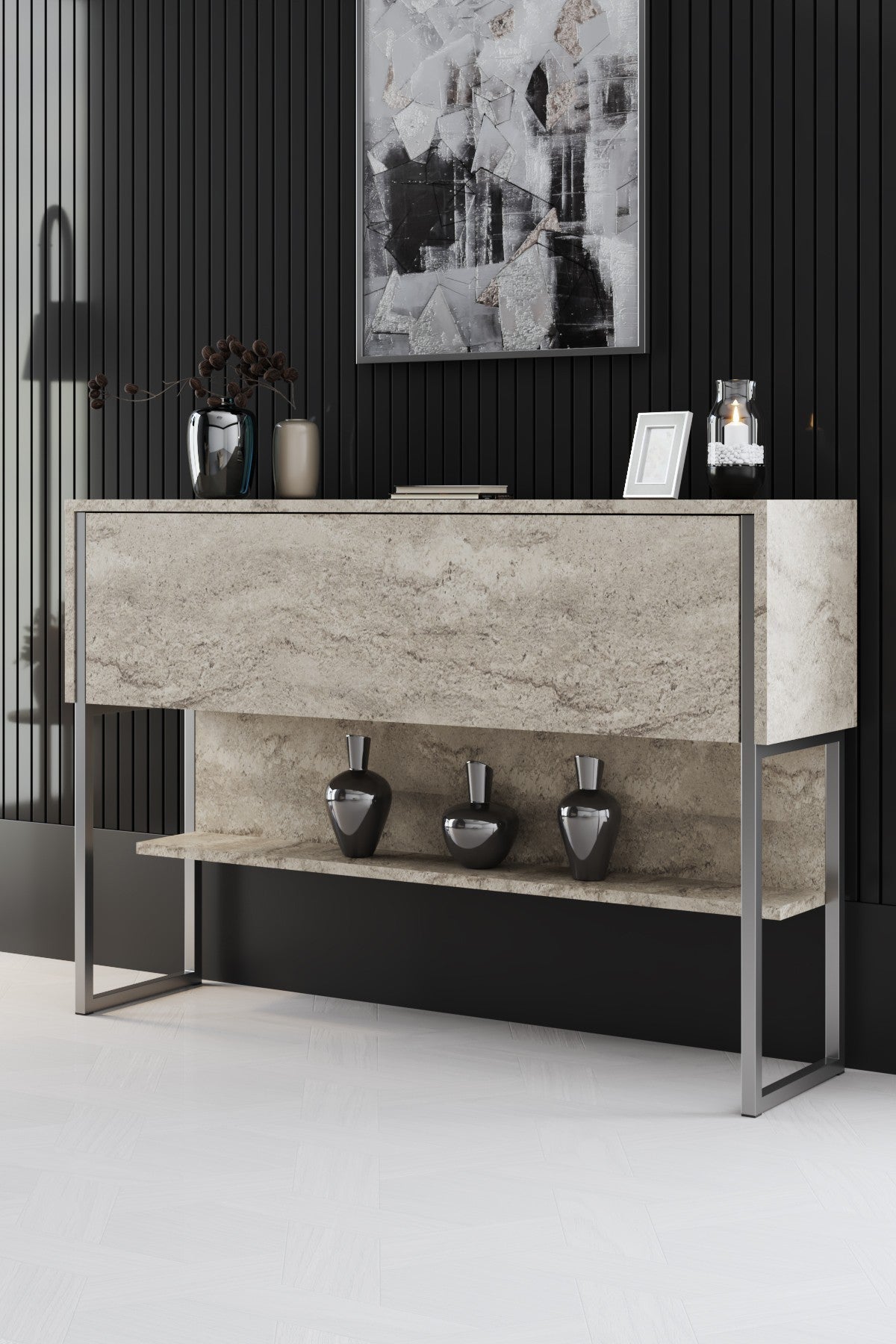 Set mobilă pentru sufragerie Luxe Set, Diverse culori, 180x30x47 cm - Travertin - Argintiu | SKU: 618BLY1229 | Set mobilă pentru sufragerie Luxe Set, 180x30x47 cm, varianta Travertin - Argintiu, produs pentru amenajarea locuinței, disponibil online în România la CasaMob
