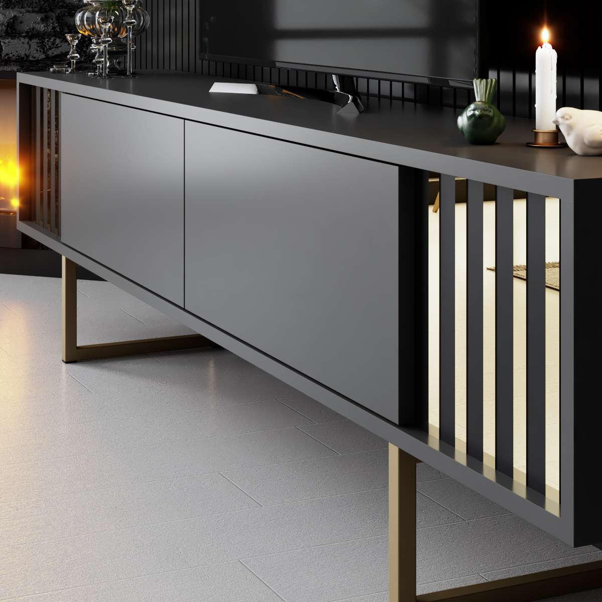 Comodă TV auriu Line, Diverse culori, 180x30x18 cm - Antracit - Auriu | SKU: 618BLY1281 | Comodă TV auriu Line, 180x30x18 cm, varianta Antracit - Auriu, produs pentru amenajarea locuinței, disponibil online în România la CasaMob