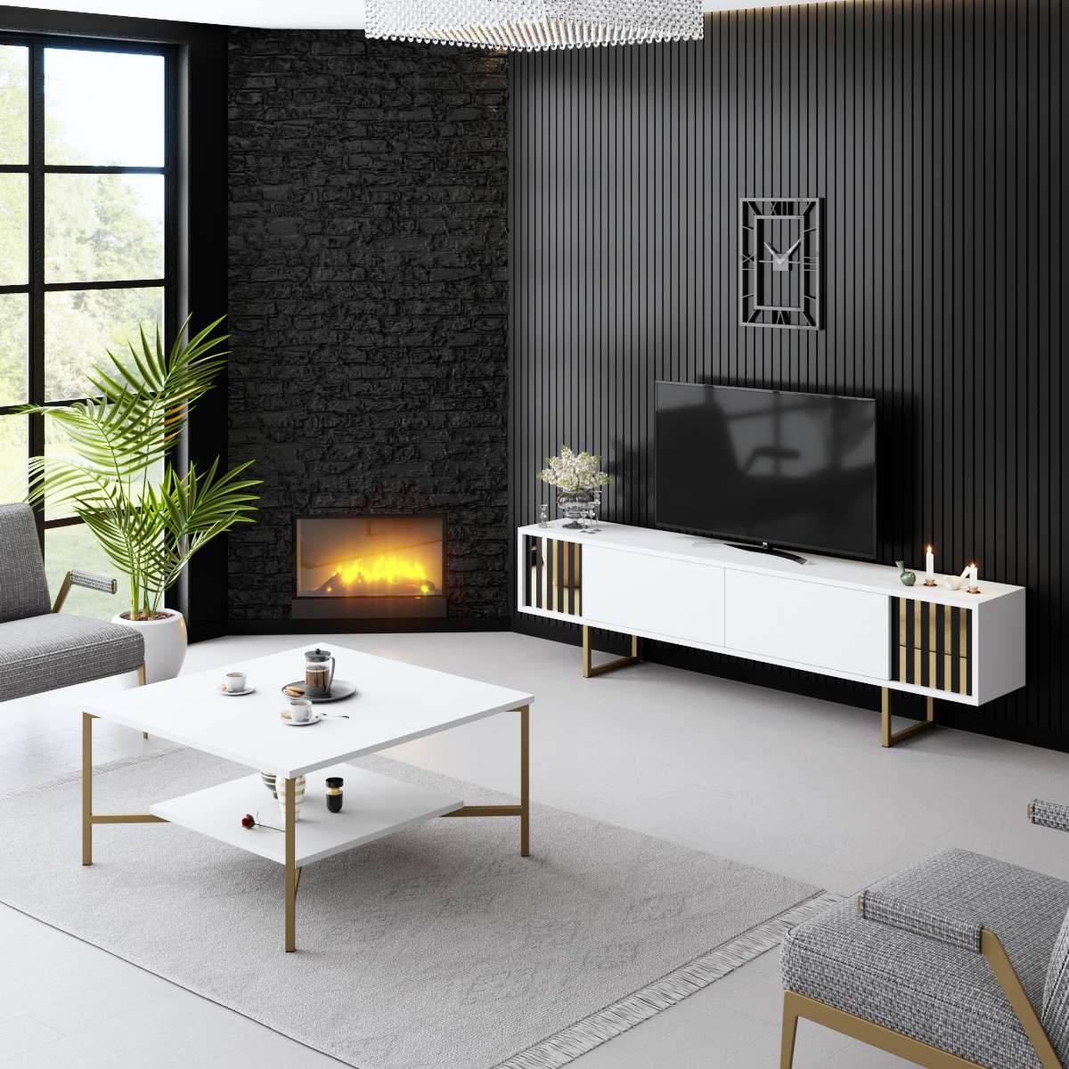 Comodă TV auriu Line, Diverse culori, 180x30x18 cm - Alb - Auriu | SKU: 618BLY1282 | Comodă TV auriu Line, 180x30x18 cm, varianta Alb - Auriu, produs pentru amenajarea locuinței, disponibil online în România la CasaMob