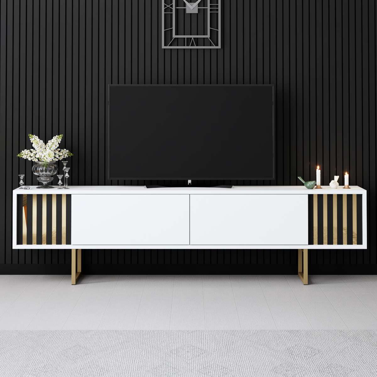 Comodă TV auriu Line, Diverse culori, 180x30x18 cm - Alb - Auriu | SKU: 618BLY1282 | Comodă TV auriu Line, 180x30x18 cm, varianta Alb - Auriu, produs pentru amenajarea locuinței, disponibil online în România la CasaMob